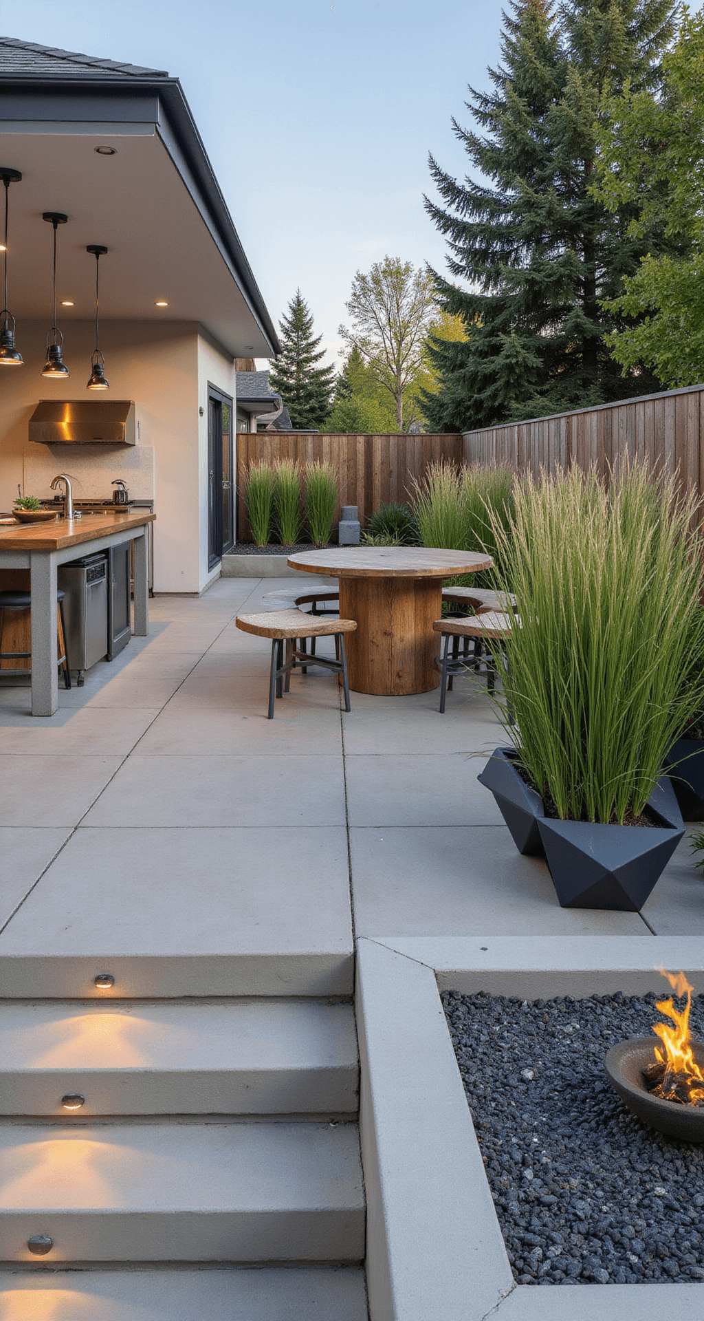 A contemporary outdoor entertaining space featuring polished concrete counters, weathered teak bar seating, and geometric steel planters with tall ornamental grasses. Integrated LED lighting highlights the steps and counters, while a modern fire feature serves as the focal point, all set in warm concrete, steel blue, teak, and platinum tones.