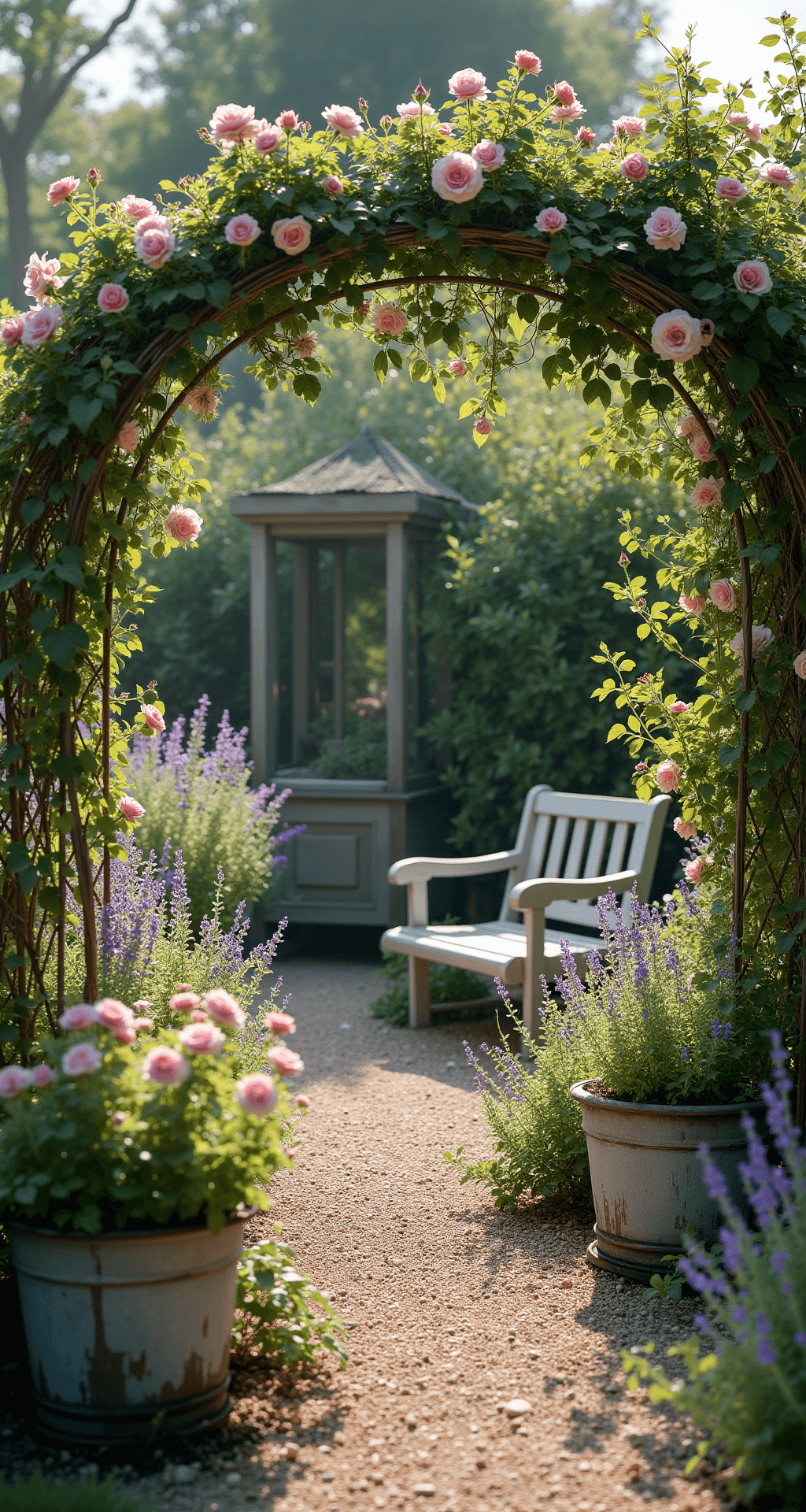 A serene cottage garden basking in morning sunlight, featuring vibrant English garden roses, lavender, and climbing vines on vintage metal arbors. A crushed oyster shell pathway meanders through lush herb beds, adorned with antique zinc containers and a distressed wooden bench surrounded by greenery, all in soft pink, purple, sage, and weathered white hues.