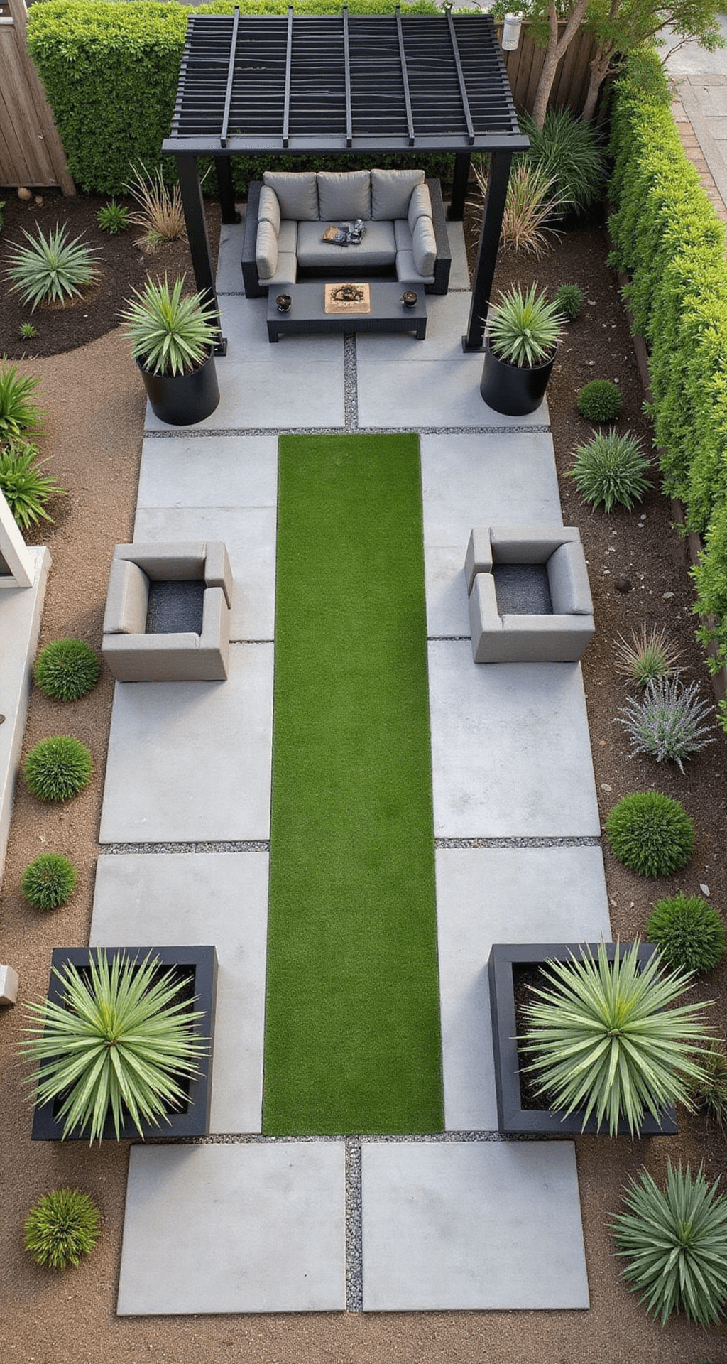 Overhead drone shot of a modern geometric backyard featuring distinct zones divided by oversized concrete pavers and artificial turf strips. A linear water feature runs through the space, with a black aluminum pergola casting shade over the lounge area. Sculptural desert plants in large rectangular planters enhance the design, with a warm gray concrete base, black accents, and vibrant artificial turf green.