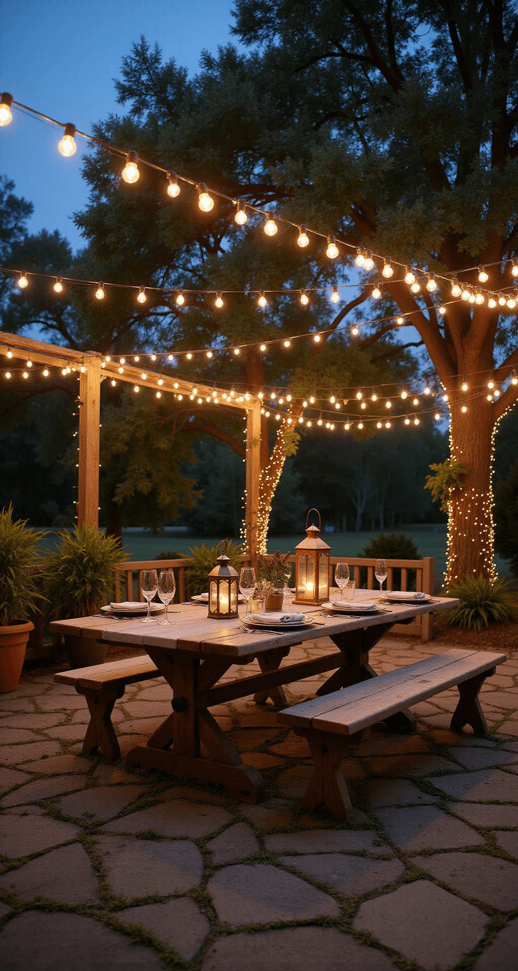A cozy twilight backyard patio scene featuring a weathered teak dining set with ivory linens, surrounded by string lights and vintage Edison bulbs, nestled among mature oak trees and stone pavers with moss.
