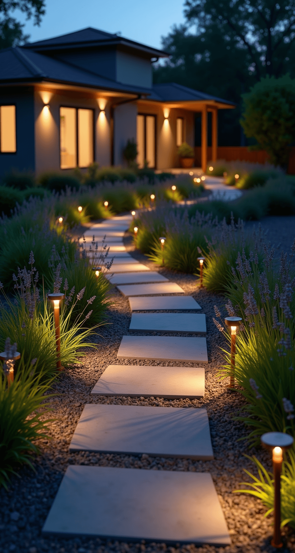 Low-angle view of a curved garden path at dusk, lined with modern solar-powered LED lights, illuminating slate stepping stones and bordered by native grasses and lavender, with a contemporary home facade softly lit in the background.