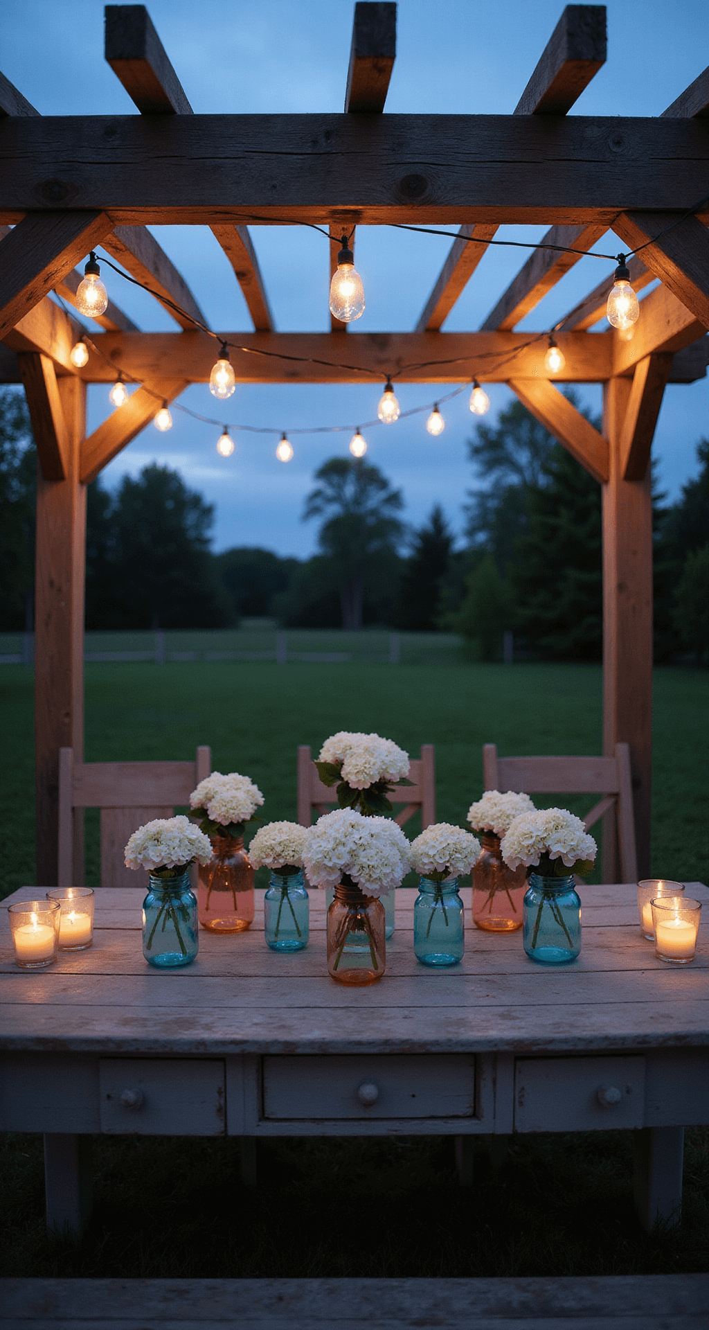 Intimate scene of DIY mason jar lights arranged on a wooden pergola, illuminating a rustic farmhouse table adorned with white hydrangeas and painted glass luminaries in seafoam and coral tones, captured during blue hour for a dreamy bokeh effect.