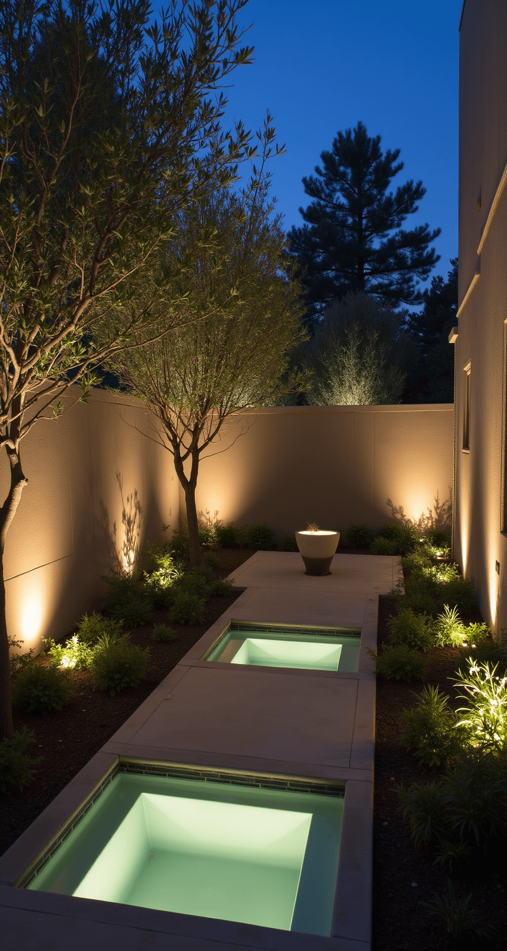 A modern 20'x30' courtyard is illuminated by LED uplights showcasing structural concrete walls and olive trees, with inground well lights highlighting a water feature, while strip lighting washes textured stone walls, all captured from an elevated angle using a tilt-shift lens to emphasize vertical lines and depth.