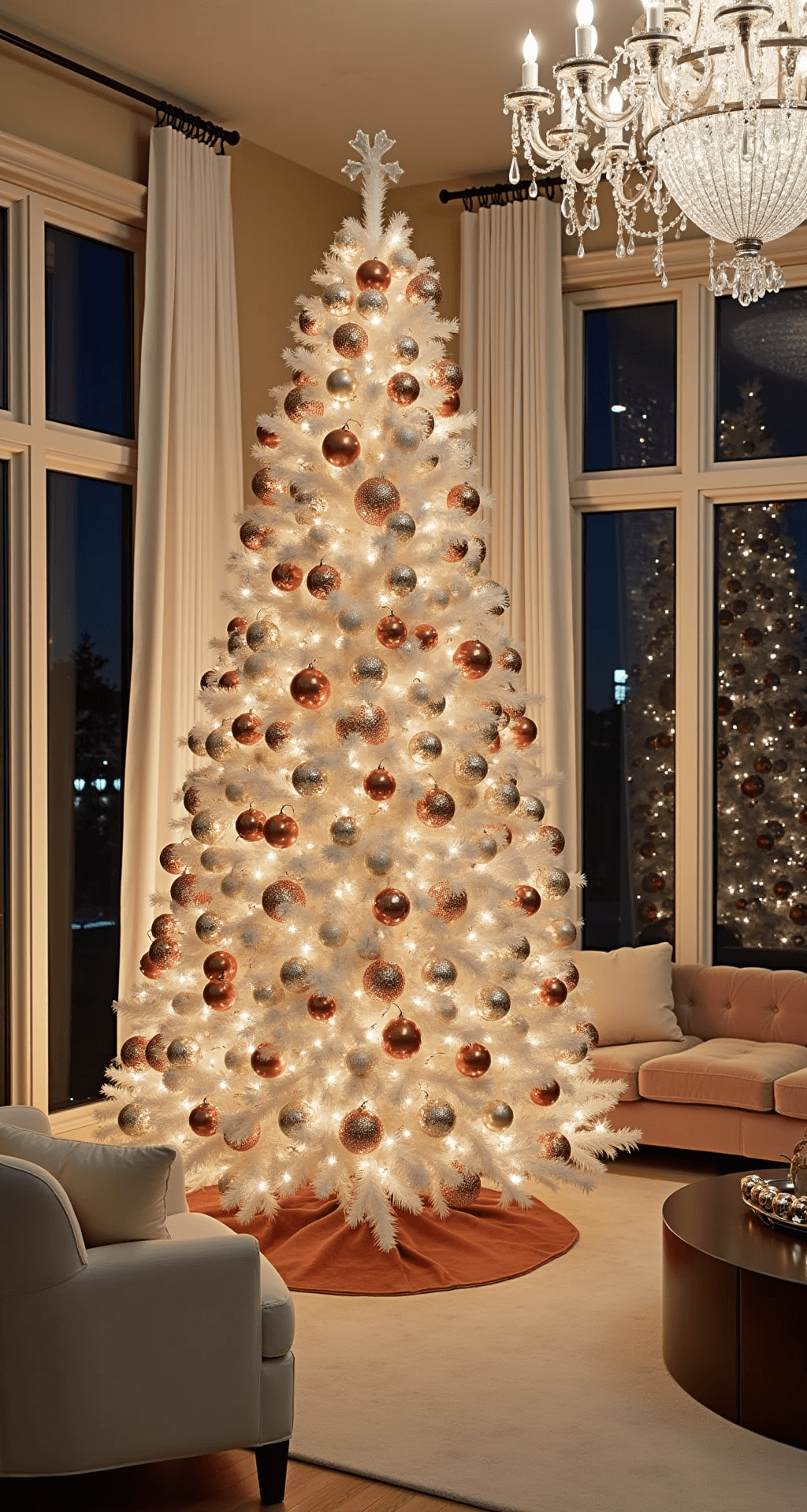 An elegant formal living room features a towering artificial tree decorated in champagne and rose gold, with a crystal chandelier casting prismatic light. Luxe velvet furniture in cream and blush tones enhances the refined look, while white silk drapes frame the large windows, creating a glamorous nighttime atmosphere.