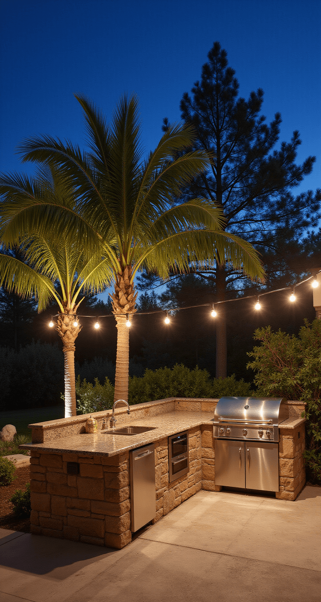 Nighttime outdoor living space featuring layered lighting: ambient overhead string lights (2700K), brass task lights in the kitchen (3000K), and accent uplighting on palm trees. Textured travertine flooring reflects the play of light, showcasing a blend of natural and artificial illumination during golden hour.