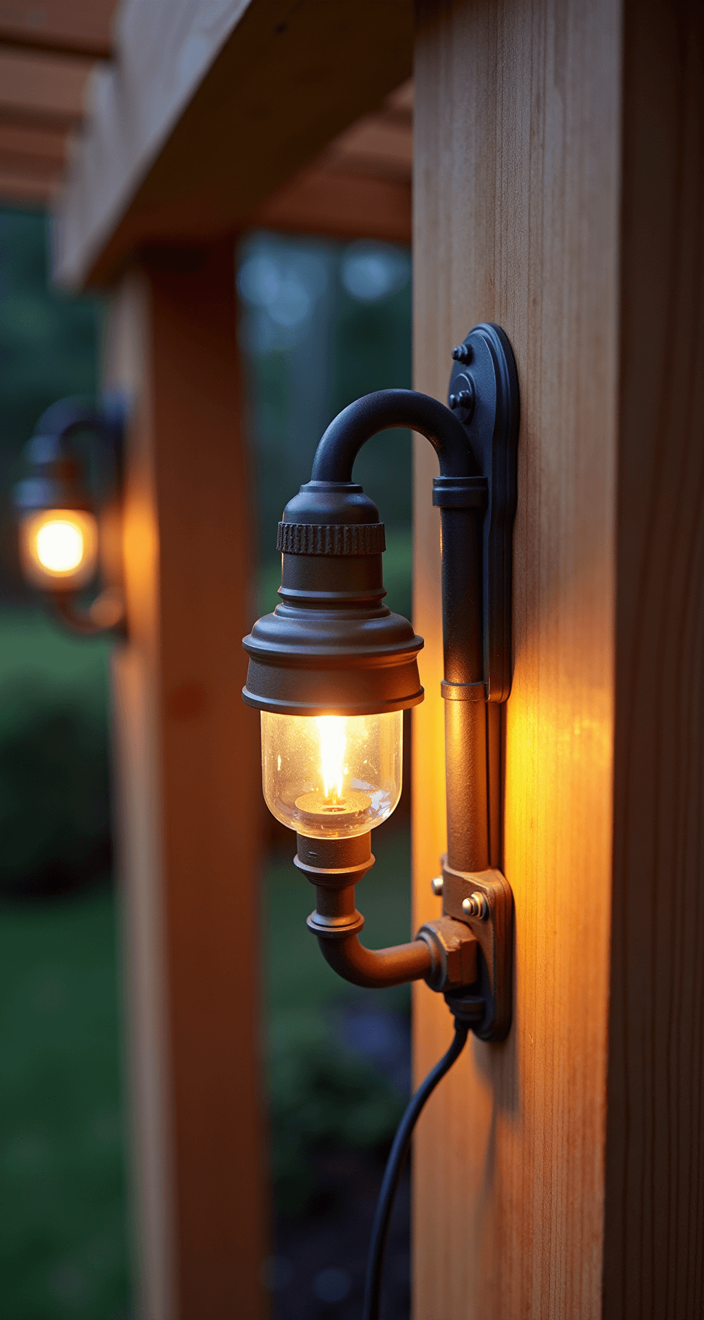 Close-up of a weatherproof junction box mounted on a cedar pergola, featuring professional-grade 3000K LED fixtures, a GFCI outlet with protective housing, and copper and brass finish details, highlighting material textures and connection details with strong directional lighting.