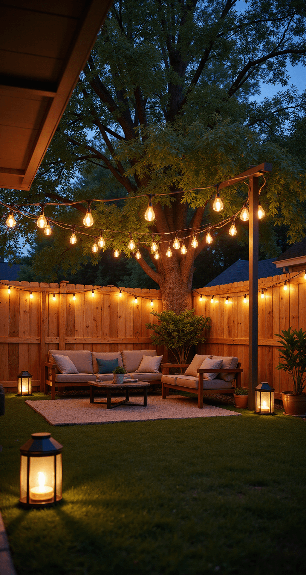 A cozy backyard scene at dusk featuring a budget-friendly makeover with mixed lighting styles, including solar-powered lanterns along a cedar fence, DIY rope lights framing a seating area, vintage string lights overhead, and upcycled wine bottle lights for accent illumination, all bathed in warm 2700K light.