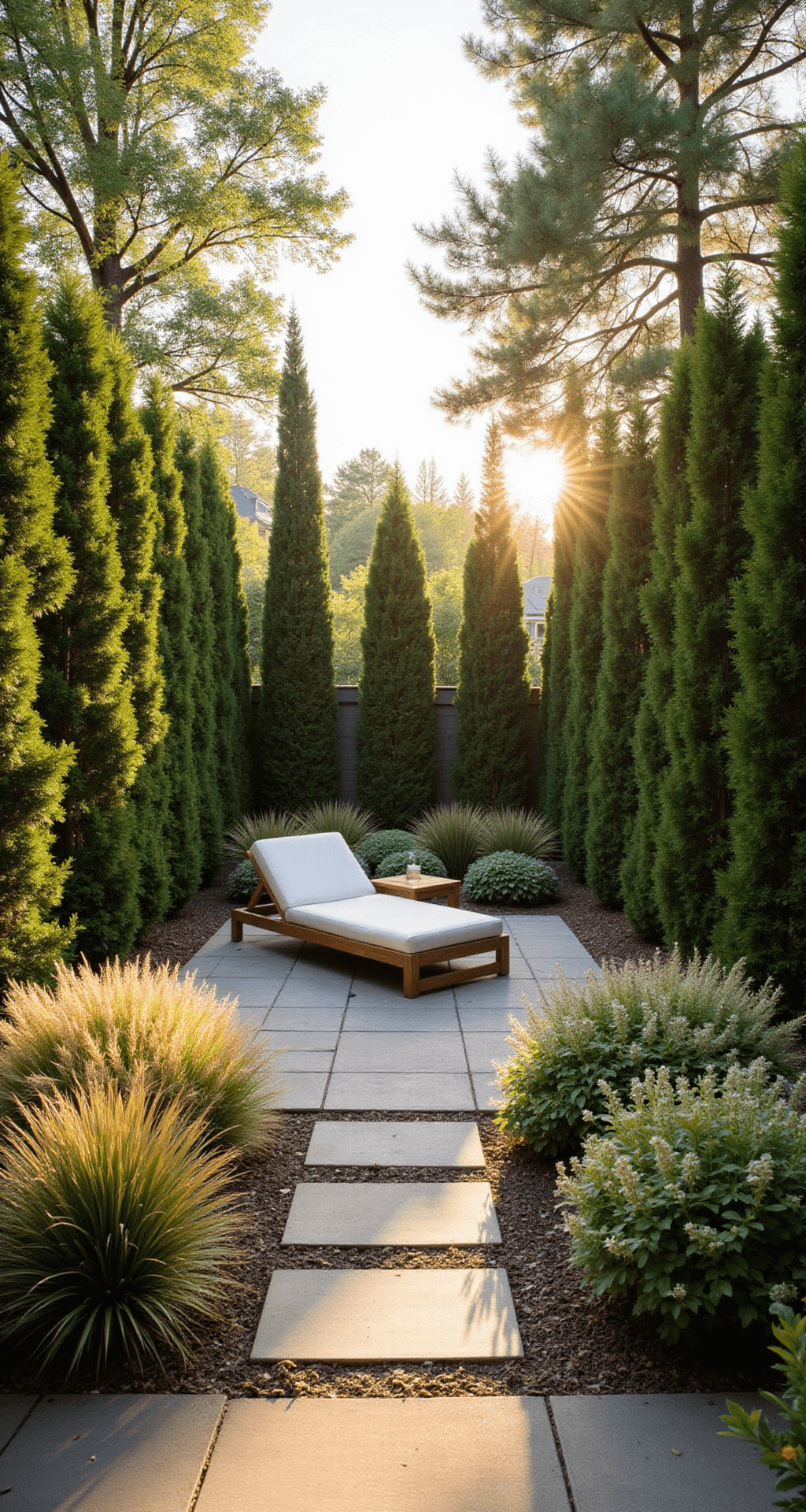 A tranquil backyard sanctuary at golden hour, enclosed by tall Thuja Green Giants, featuring a modern teak lounge set surrounded by ornamental grasses and hydrangeas, with natural stone pavers leading to a meditation area, all bathed in soft sunlight.