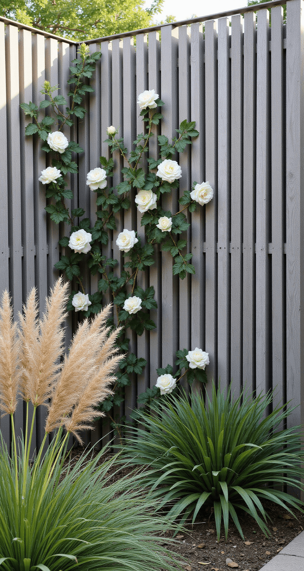 A corner garden vignette featuring a 12ft contemporary weathered gray wooden privacy screen with white climbing roses intertwining through its slats, accompanied by tall ornamental grasses in the foreground, captured from a low angle to emphasize height. The natural diffused lighting enhances the texture contrasts between the smooth wood and the organic plants, creating a sophisticated sanctuary in warm grays, crisp whites, and varied greens.