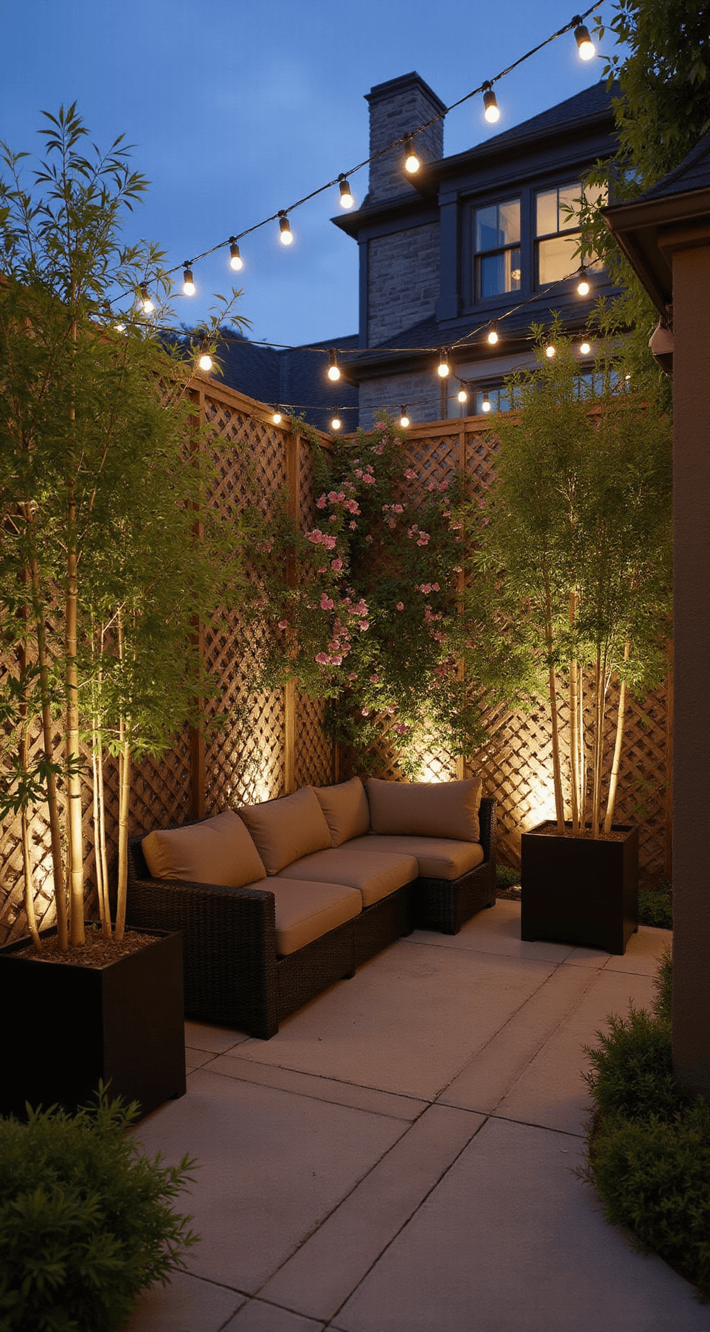 Intimate patio space at dusk featuring bamboo clusters in black planters, string lights overhead, a cozy sectional with earth-toned cushions, and a curved lattice wall draped with flowering vines, captured from a corner angle to emphasize depth and layering in warm ambient lighting.