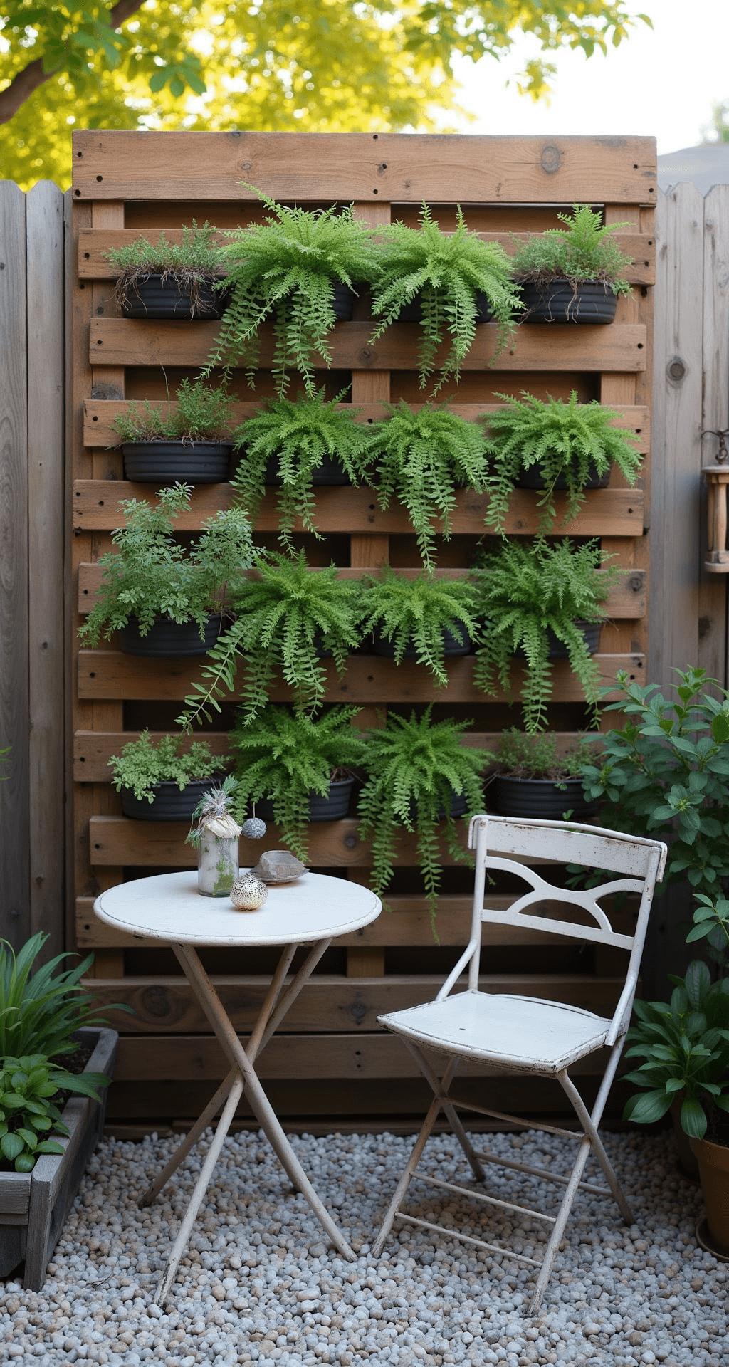 A repurposed pallet wall transformed into a vertical garden with ferns and trailing vines, illuminated by morning light, alongside a vintage bistro set on a pea gravel patio, with wooden wind chimes adding a whimsical touch.