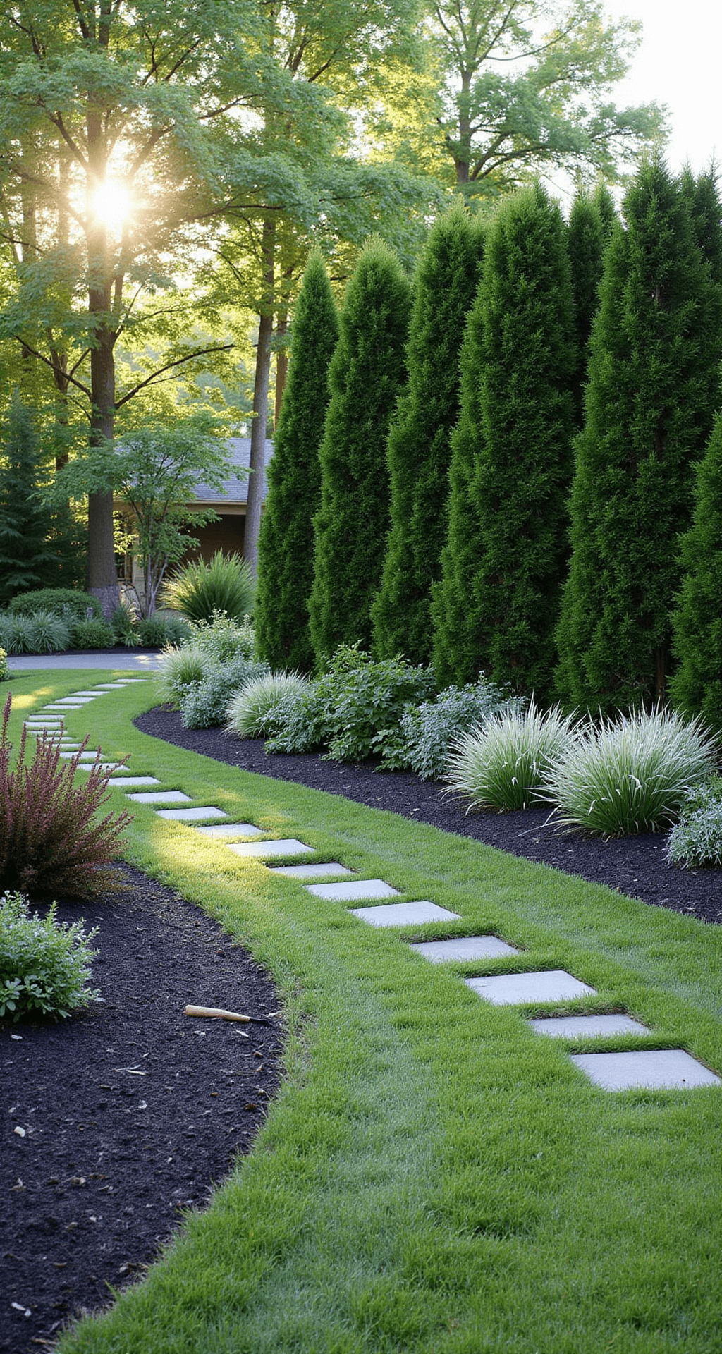 Layered garden scene featuring a mixed evergreen hedge and ornamental grasses, with purple smokebush and white echinacea in the foreground. A curved pathway of stepping stones invites the viewer's gaze through the composition, captured from a slight elevation that highlights the layering effect. Backlighting creates silhouettes of the plants, evoking a natural woodland atmosphere.