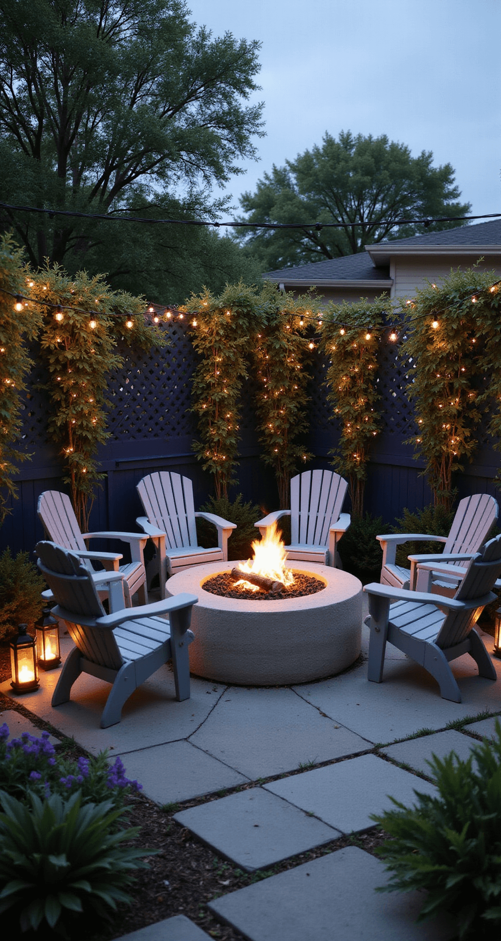 An intimate twilight entertaining space enclosed by deep navy lattice panels, featuring twinkling fairy lights and clematis vines, with a modern concrete fire pit surrounded by light gray Adirondack chairs and copper lanterns for ambient lighting.
