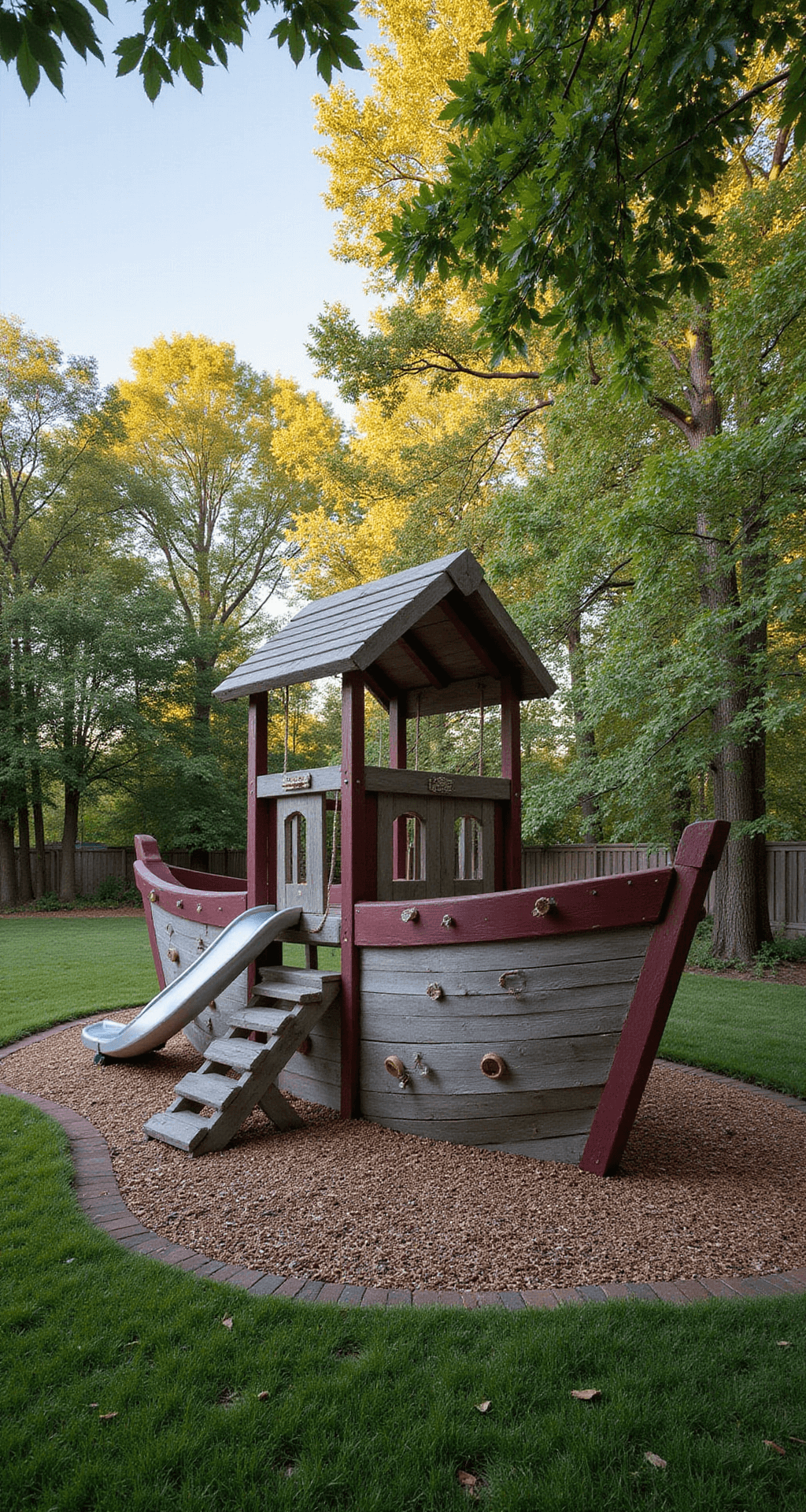 A wide-angle shot of a sunlit backyard playground featuring a pirate ship-themed wooden play structure with gray planks and burgundy accents, surrounded by lush green grass and a safety perimeter of earth-toned rubber mulch. The scene includes natural rope climbing elements, a metallic silver slide, and dappled sunlight filtering through scattered shade trees, captured with a soft bokeh effect.