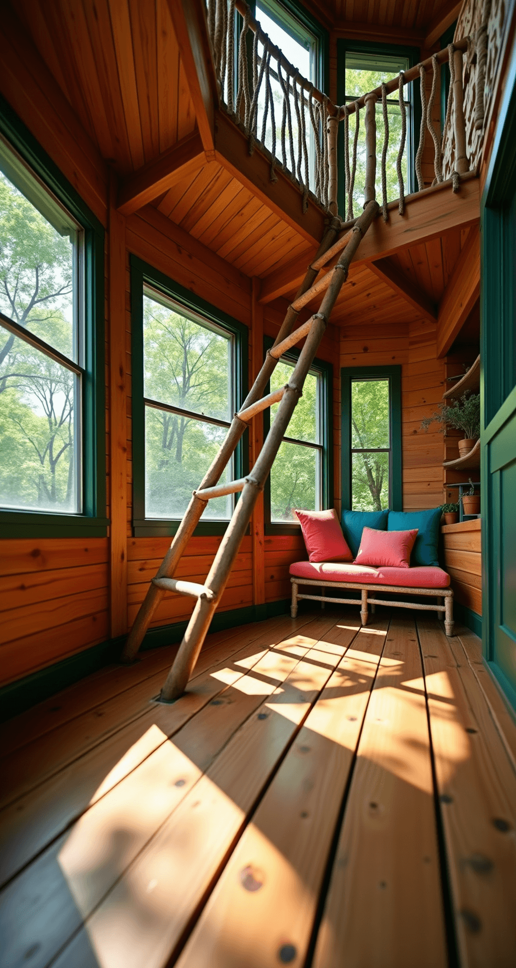 Low-angle view of a 12-foot treehouse fort with rich cedar wood and forest green trim, featuring dappled sunlight through leaf-filtered windows, natural branch railings, and a rope ladder. A cozy reading nook with coral and teal cushions is visible, shot from ground level at a 30-degree angle to highlight the structure's height.