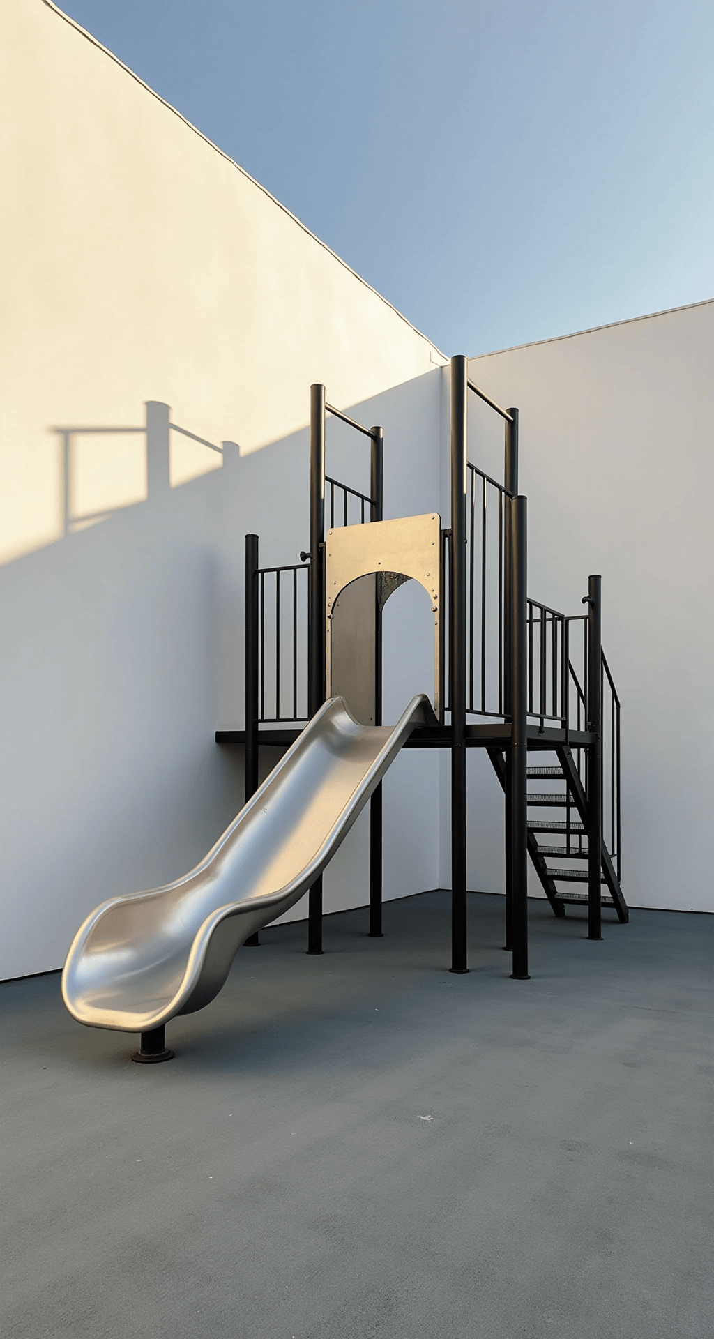 Minimalist modern playground at dawn with a matte black metal frame, crisp white walls, and pale gray rubber surfacing. A primary climbing cube in powder-coated steel features an integrated brushed aluminum slide, with dramatic morning light casting shadows and an emphasis on negative space and symmetry.