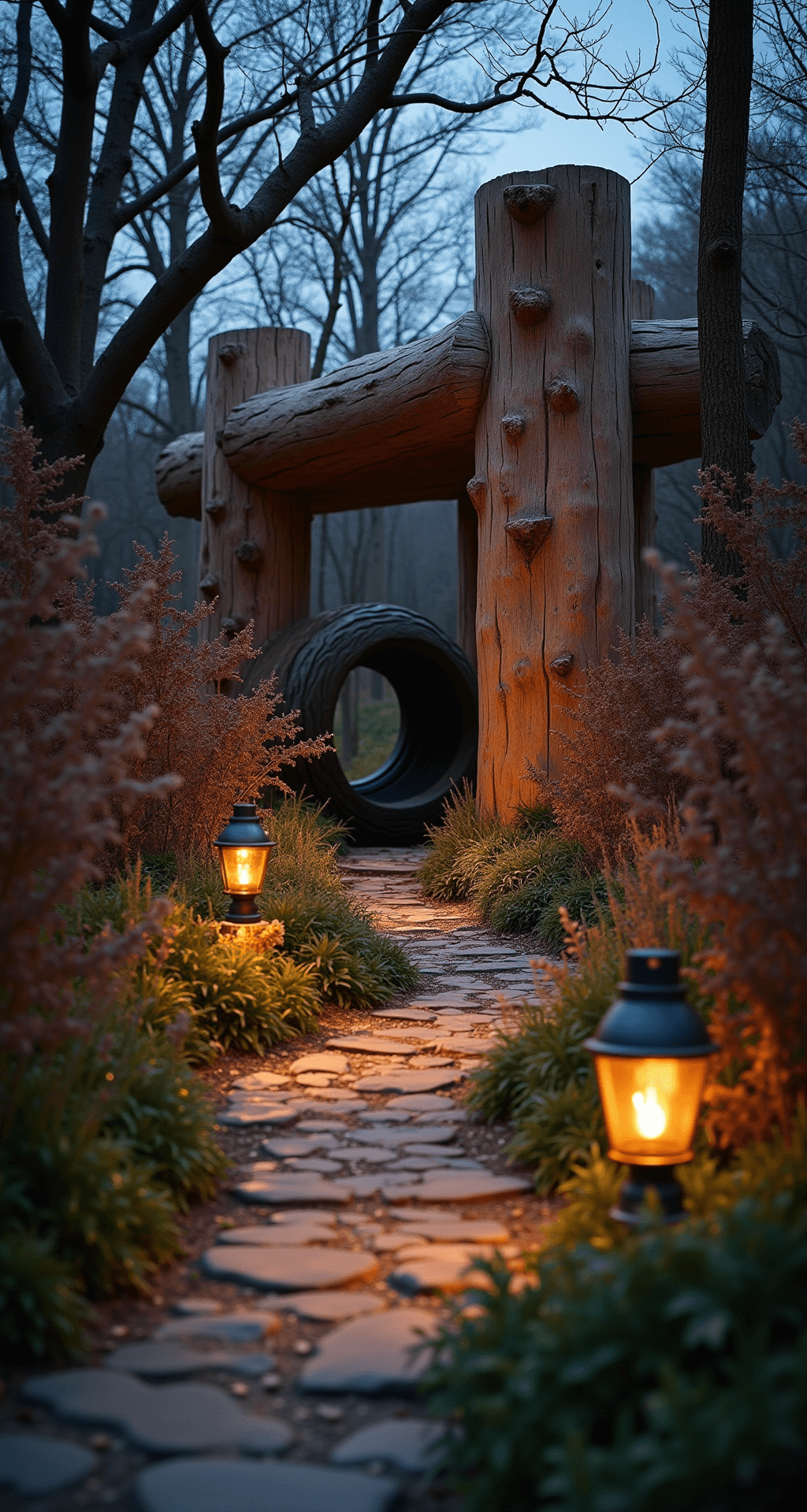Intimate woodland play area at dusk with a log climbing structure, stone pathway leading to a hollow tree trunk, framed by burgundy and sage foliage, softly lit by metal lanterns amidst a moody atmosphere with subtle fog.