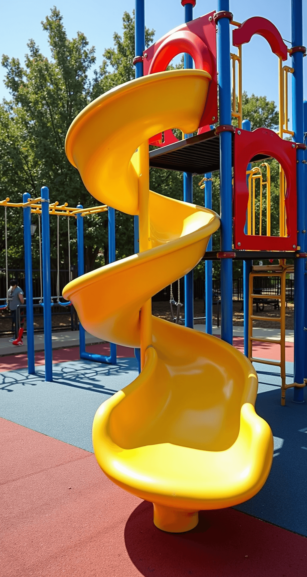 A vibrant playground featuring a yellow tube slide from a red platform, cobalt blue monkey bars and swing set, and rainbow safety tiles, captured from an elevated angle in bright midday sunlight with high contrast lighting.