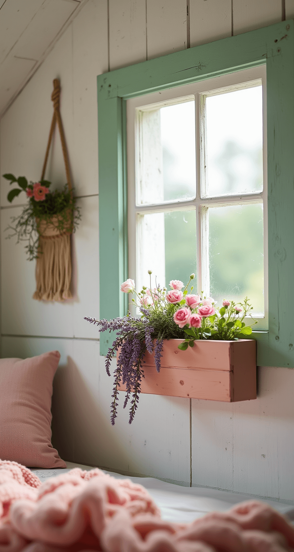 Detail shot of a DIY pallet playhouse interior featuring whitewashed wood walls with mint green trim, handcrafted window boxes filled with lavender and coral flowers, natural jute rope elements, and macramé wall hangings, all illuminated by soft morning light.