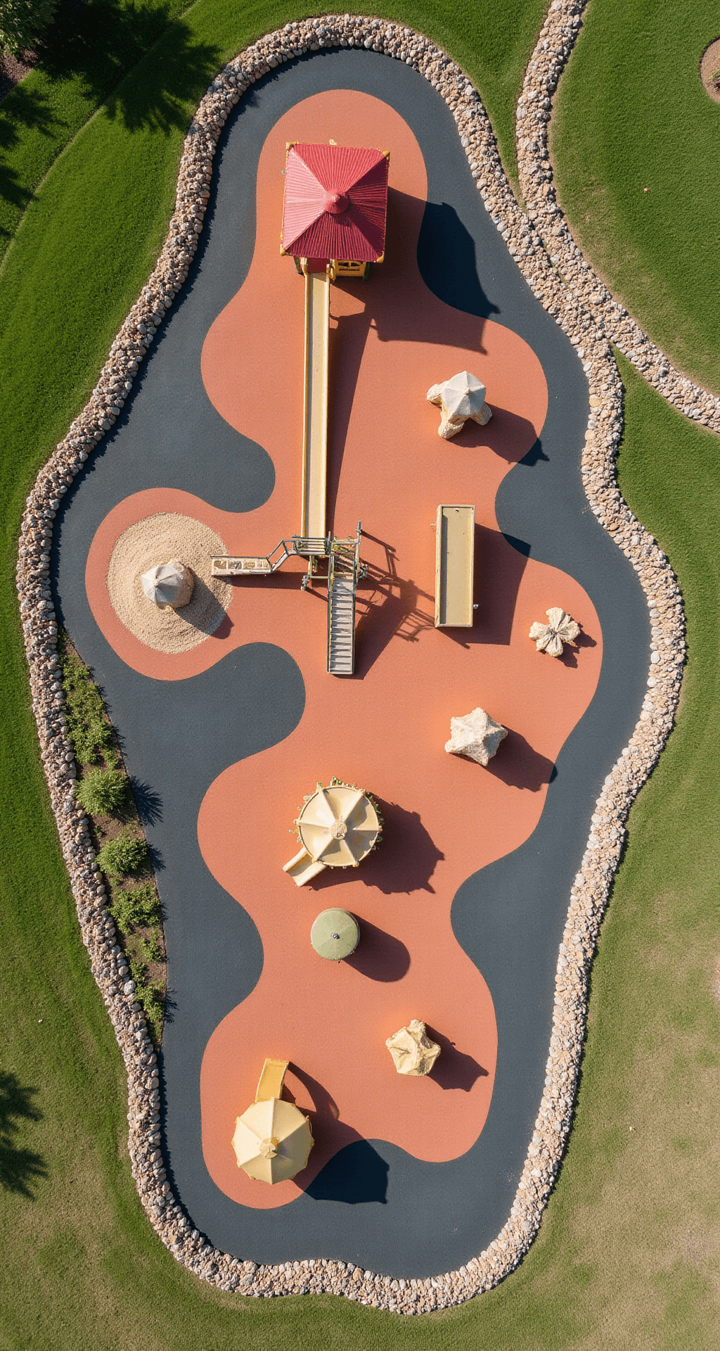Overhead drone view of a detailed playground layout featuring traffic flow paths, safety zones, and rubberized surfacing in terra cotta, including activity stations like a sandbox, water play area, and climbing structures, surrounded by a natural stone border and native grasses.