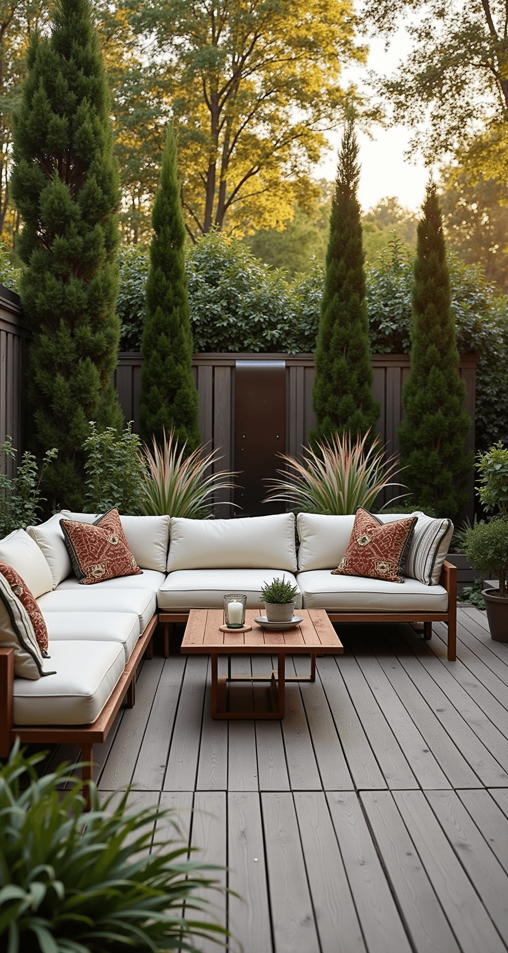 A serene backyard terrace features a modern L-shaped sectional with ivory cushions, surrounded by tall emerald green arborvitae, ornamental grasses, and a cor-ten steel water feature. String lights hang overhead, illuminating layered textiles in sage, terracotta, and cream, all captured during golden hour with long shadows and warm backlighting.