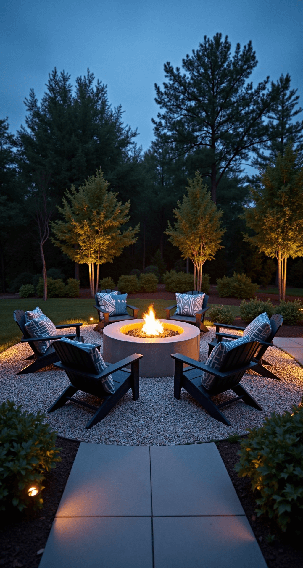 Dusk view of a 15ft diameter contemporary fire pit area featuring a modern concrete fire pit surrounded by four charcoal aluminum Adirondack chairs. The scene is enhanced by black bamboo stands and LED uplighting, with a crushed granite surface and inset LED path lights providing subtle illumination. Geometric outdoor pillows in charcoal, white, and deep teal add minimal styling, all bathed in moody blue hour lighting.