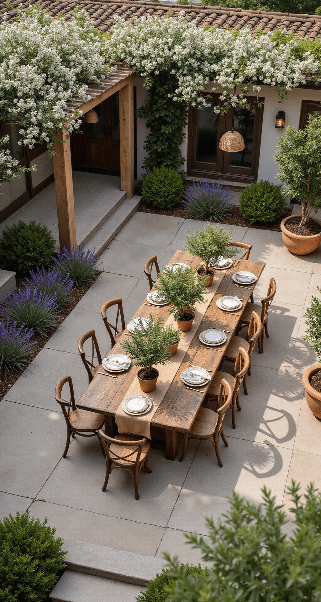 Overhead view of a Mediterranean dining terrace featuring a rustic wooden table for eight, surrounded by olive trees in terracotta planters and blooming lavender, rosemary, and jasmine. A weathered pergola draped with white bougainvillea casts soft shadows over the natural fiber runner and mixed ceramic dishware.