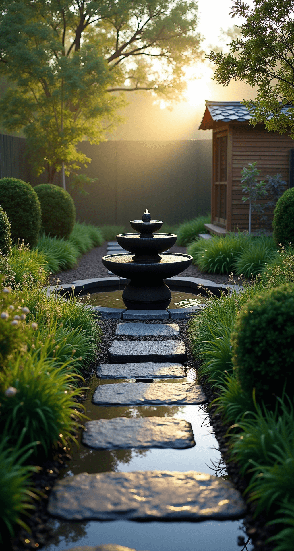 A tranquil zen water garden at sunrise featuring a three-tier black granite fountain surrounded by Japanese forest grass and cloud-pruned boxwood, with oversized slate stepping stones leading to a small meditation deck under dappled shade from maple trees, complemented by copper wind chimes and gentle morning mist.