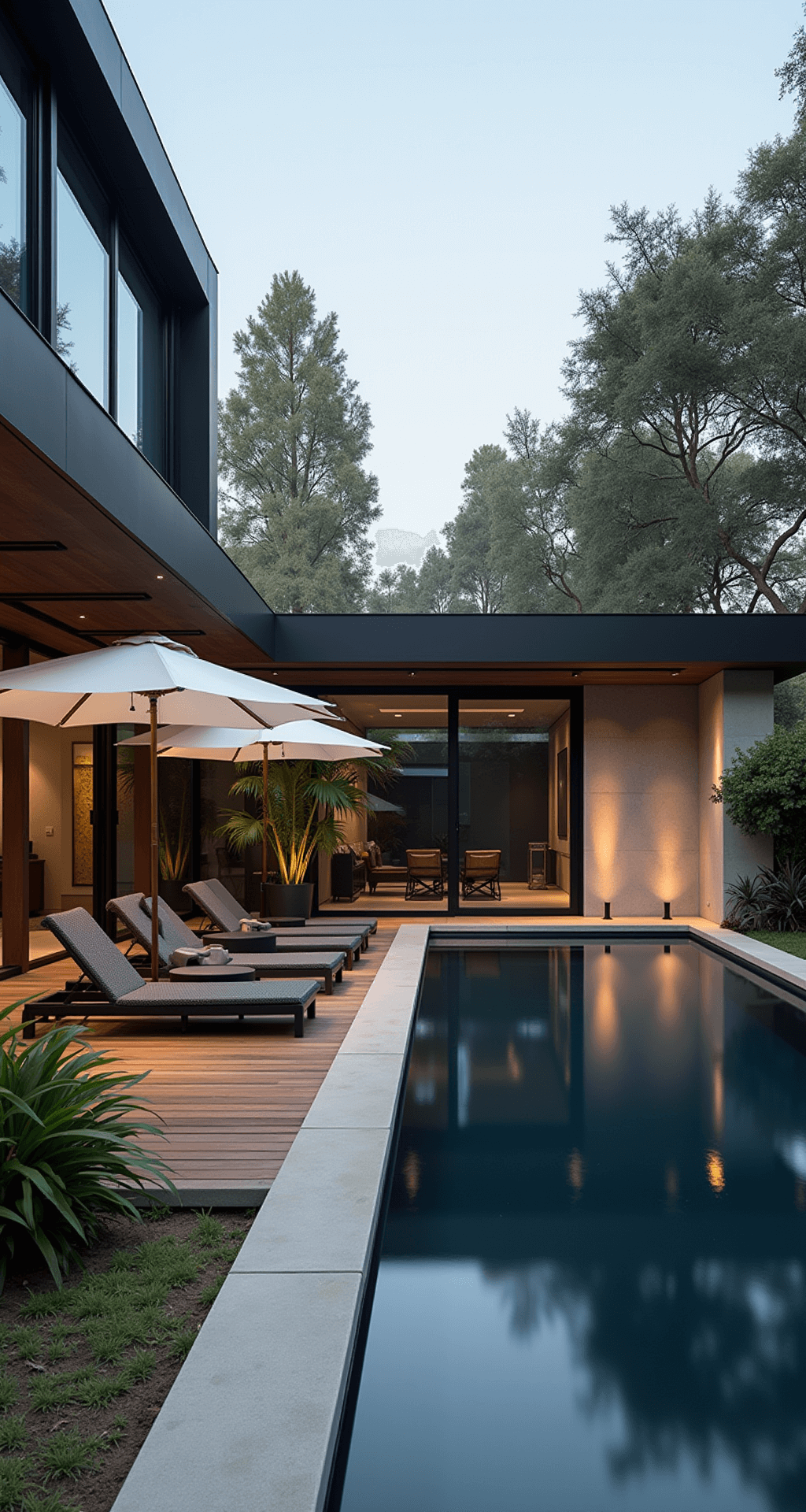 Late afternoon view of a contemporary 25x40ft negative-edge pool area with a dark bottom reflecting the surroundings. Features minimalist concrete coping, ipe wood decking, oversized white umbrellas over graphite mesh chaise lounges, and structural plants like black bamboo and giant bird of paradise. Highlighted by hidden LED strips, sharp shadows and high contrast showcase the clean architectural lines.
