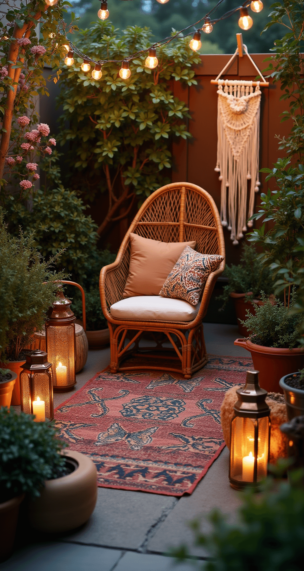 Close-up of a bohemian garden nook at twilight featuring a vintage rattan peacock chair on a handwoven rug, surrounded by butterfly bush and moonflower vines, illuminated by Moroccan lanterns and copper string lights, with layered textiles including mud cloth pillows and sheepskin throws.