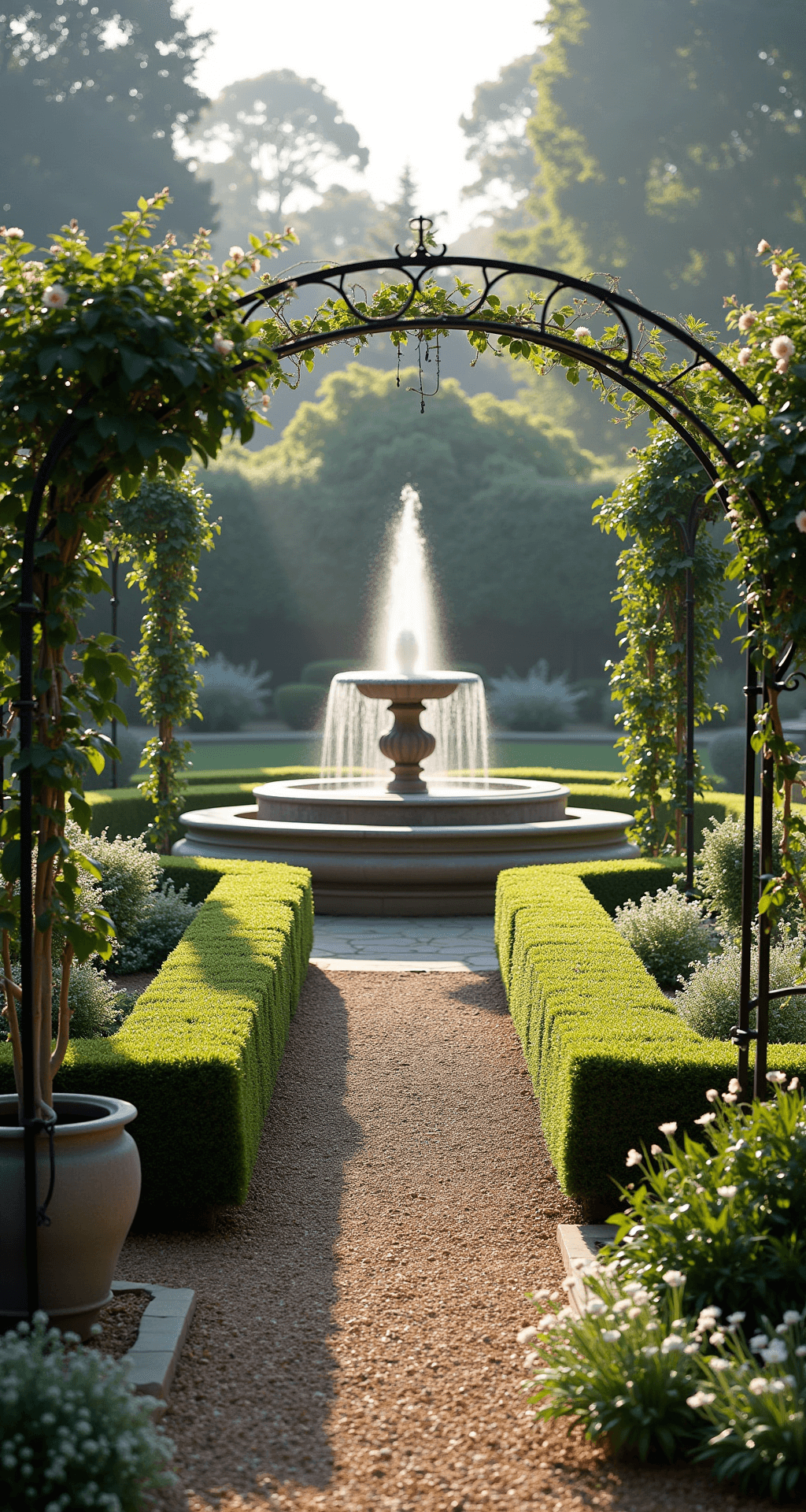 A formal English garden room with symmetrical boxwood parterres framing a central aged lead fountain, climbing roses on an antique iron arbor, gravel paths lined with catmint and white allium, vintage zinc planters with standard bay trees, and a classical stone bench, all bathed in soft morning light with a light mist rising from dewy grass.