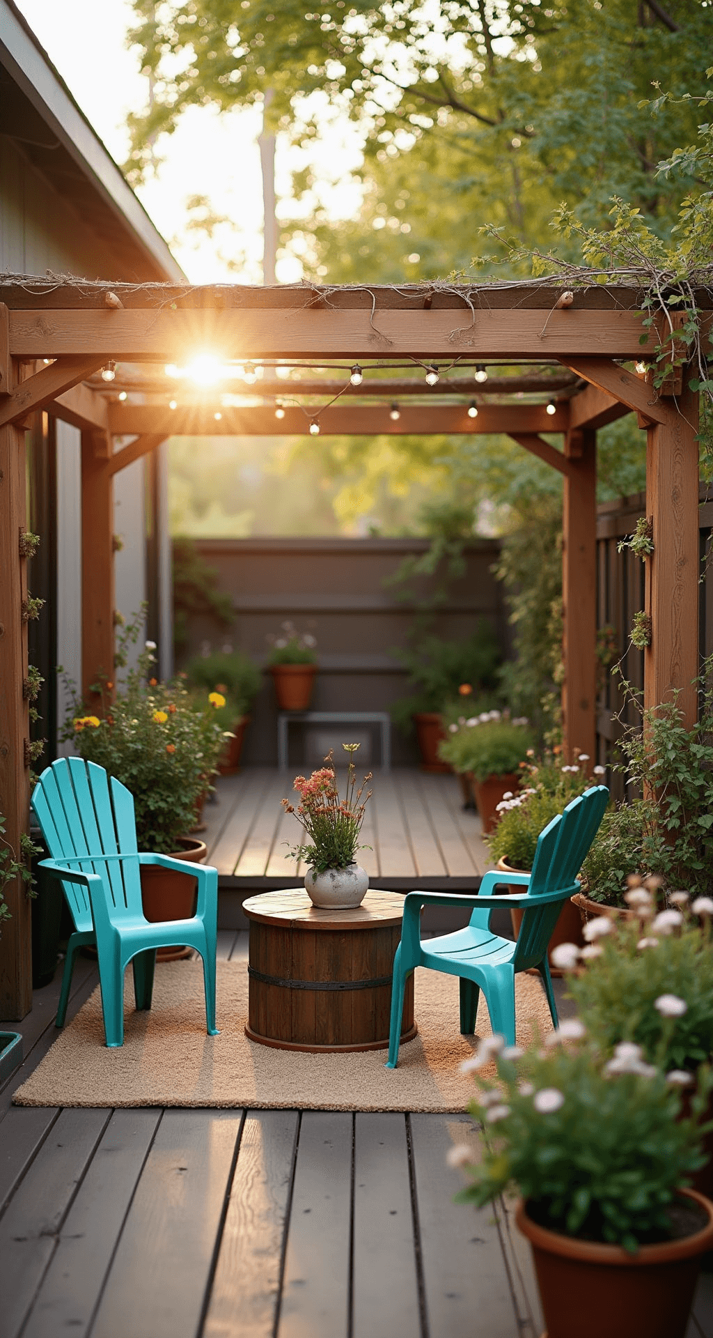 A serene backyard oasis at golden hour, viewed from a raised deck, featuring zones divided by wooden pallets and jute rugs, with a DIY pergola adorned with string lights, a wooden spool coffee table surrounded by turquoise chairs, and wildflowers in terracotta pots, all captured with shallow depth of field for a dreamy effect.