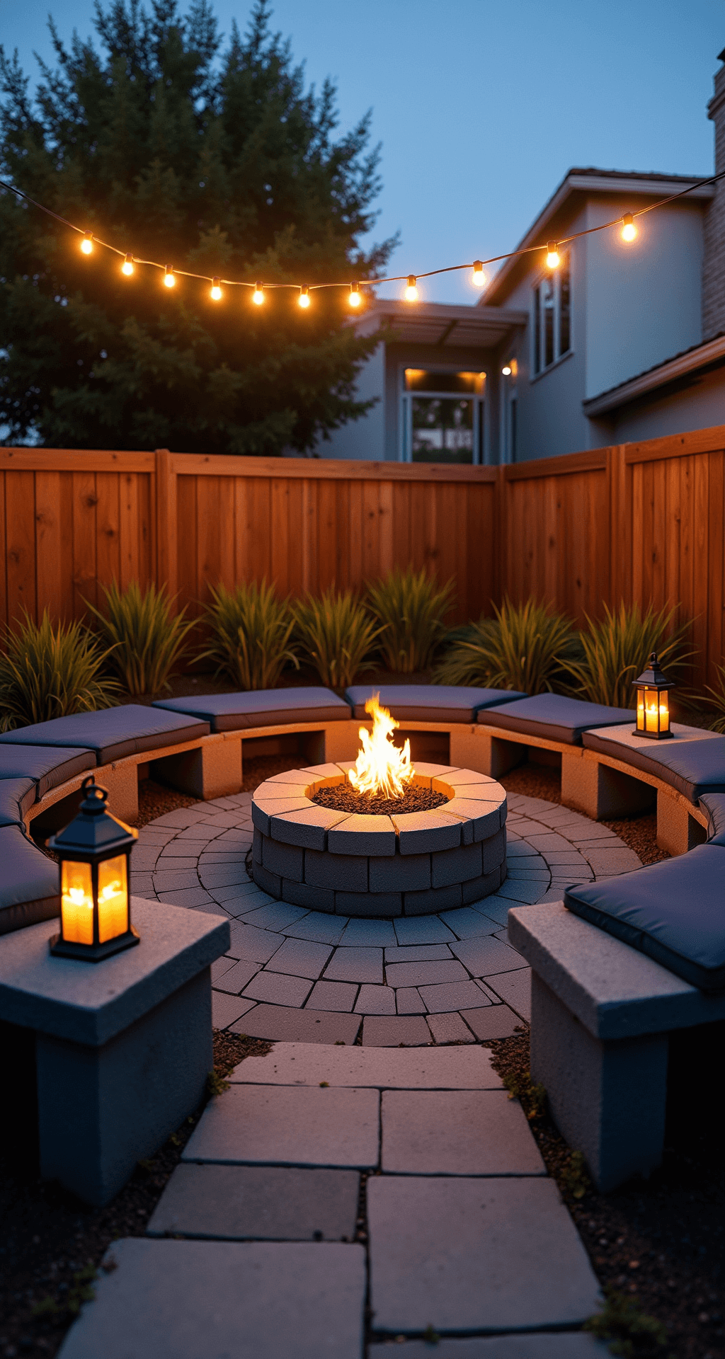 Low-angle view of a cozy fire pit area at dusk, featuring cinder block benches with navy cushions, a charcoal-colored paver fire pit, solar lantern uplighting, and Edison-style string lights creating a warm ambiance. Natural stone pavers and ornamental grasses frame the scene.