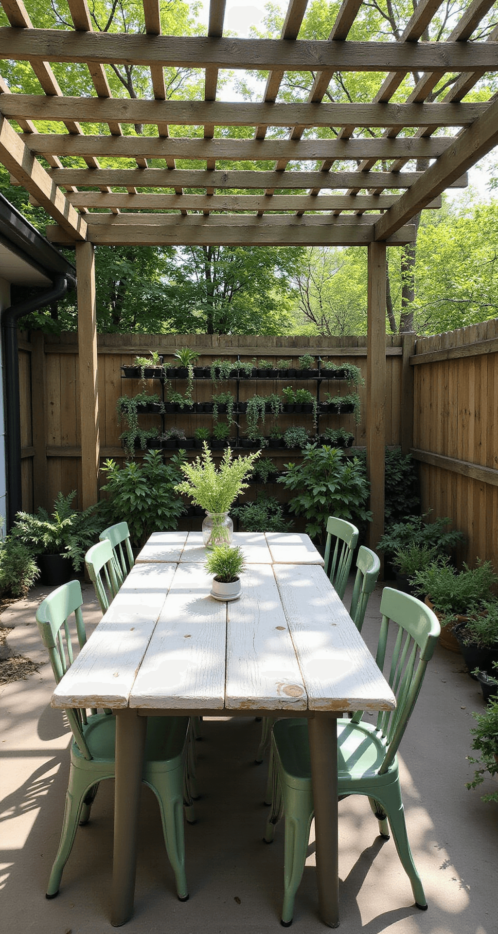 Wide-angle morning shot of a budget-friendly outdoor dining space under a handcrafted wooden pergola, featuring a vintage farm table painted white, mismatched sage green chairs, potted herbs, and a DIY vertical garden wall with trailing plants, captured from ground level for detailed perspective.