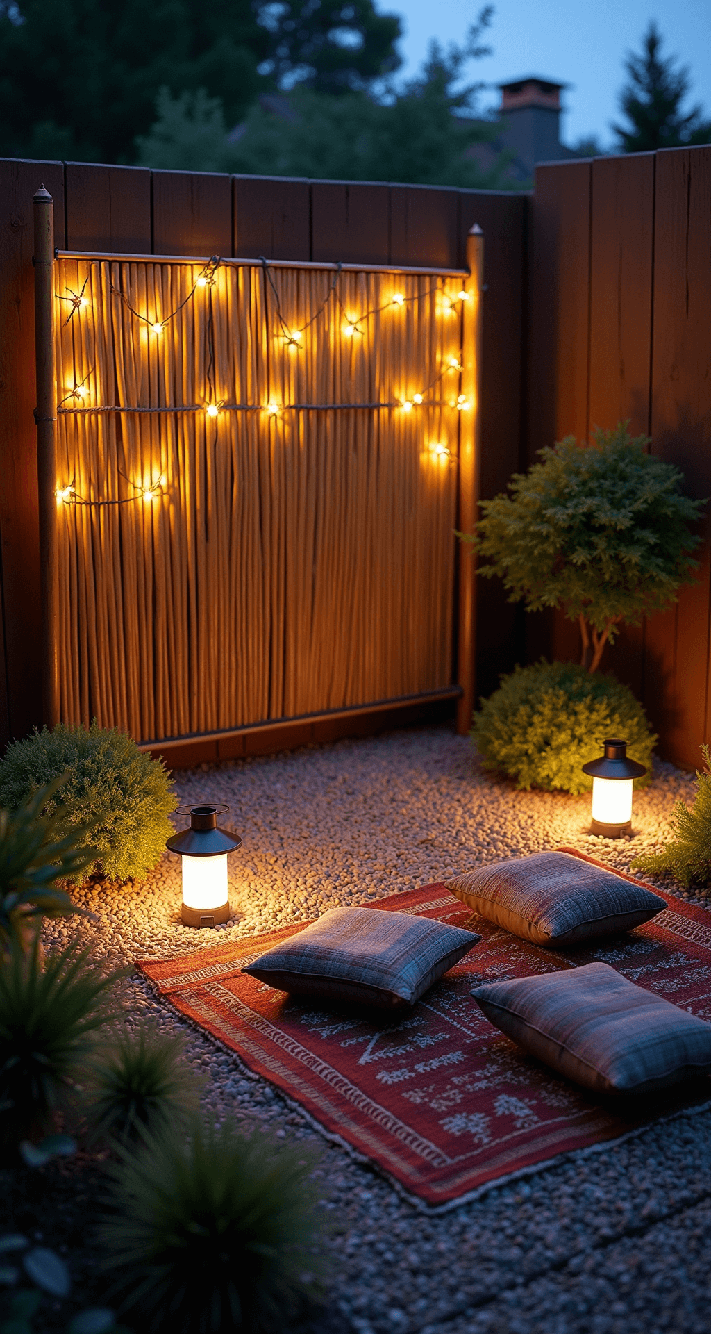 Twilight scene of a zen garden corner featuring a vintage bamboo screen illuminated by fairy lights, with a geometric pattern of pea gravel and recycled brick ground cover, clusters of native grasses, and solar-powered lanterns highlighting meditation cushions on a vintage kilim outdoor rug.