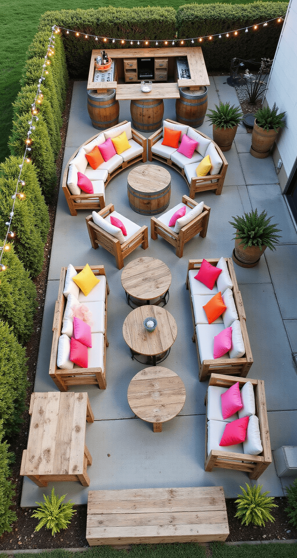 An overhead drone shot of a 20x30ft budget-friendly outdoor entertaining space, featuring DIY pallet furniture in conversation clusters with colorful outdoor pillows, repurposed wine barrel planters as natural boundaries, and a handmade outdoor bar made from reclaimed wood, all illuminated by zigzagging string lights for evening ambiance.