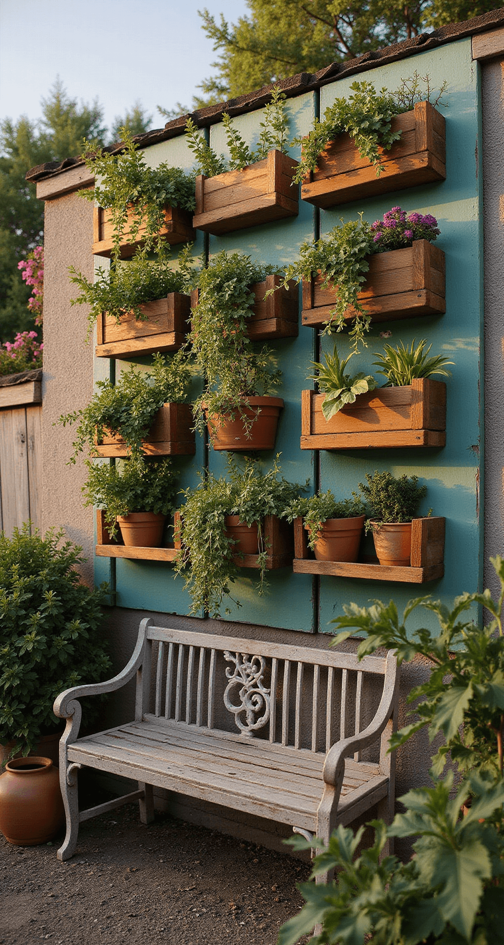 An eye-level shot of a vertical garden wall, featuring a grid of painted wooden boxes filled with vibrant cascading plants and herbs, illuminated by solar-powered lights during golden hour. Below, a restored vintage metal bench offers seating, while terracotta pots of various sizes add visual interest at the base, with a focus on the textures of the plants.
