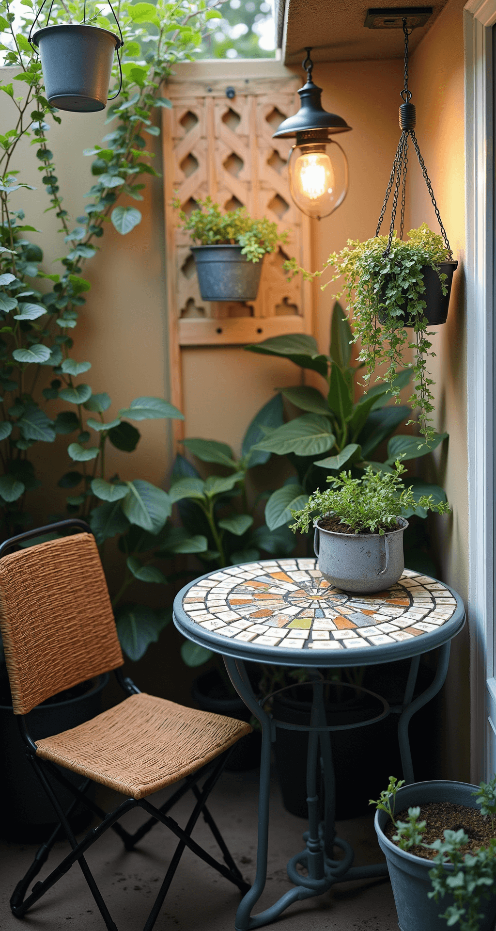 A cozy morning coffee nook with dawn lighting, featuring a mosaic table, spray-painted wicker chairs, vintage lantern planters, and a DIY trellis screen, surrounded by plants in galvanized metal containers and morning dew glistening in the mist.