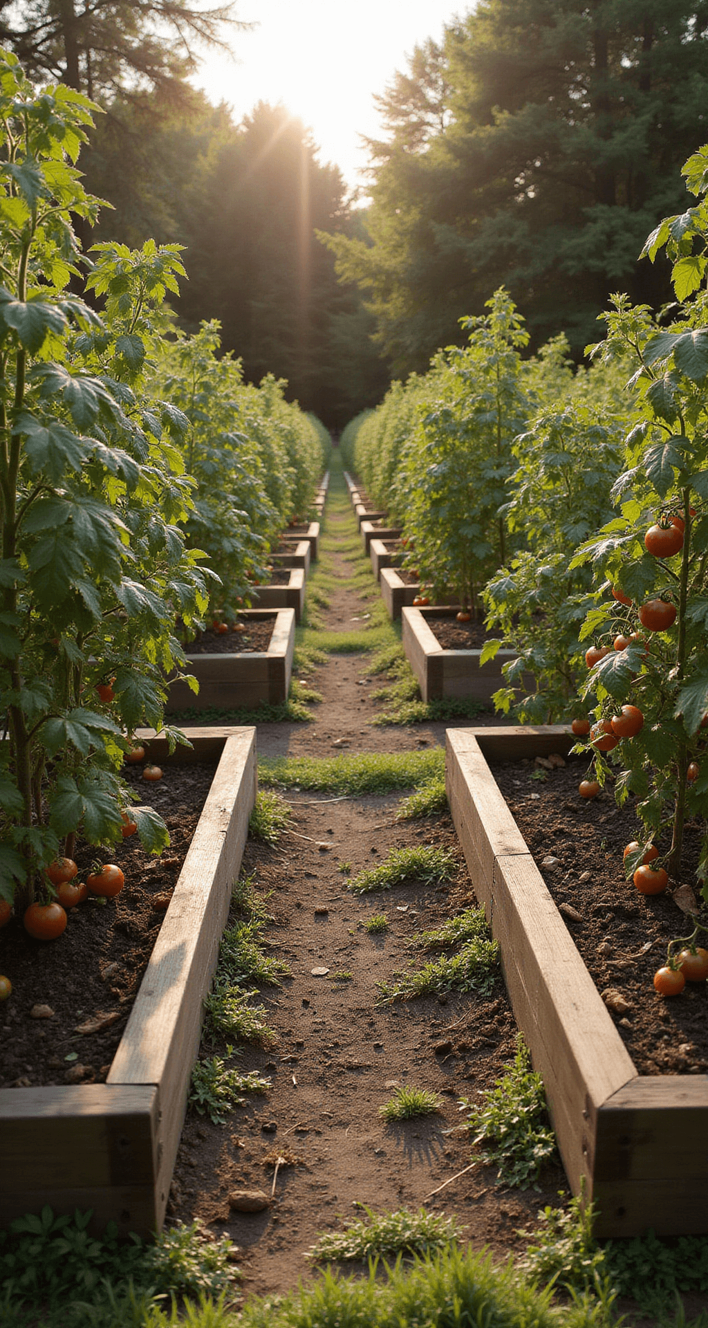 A sunlit vegetable garden at golden hour featuring three organized raised cedar beds filled with mature tomato plants, supported by galvanized steel cages. Natural wooden pathways separate the beds, with weathered garden tools in the foreground. The scene is bathed in warm light, highlighting rich browns, forest greens, and vibrant red tomatoes.