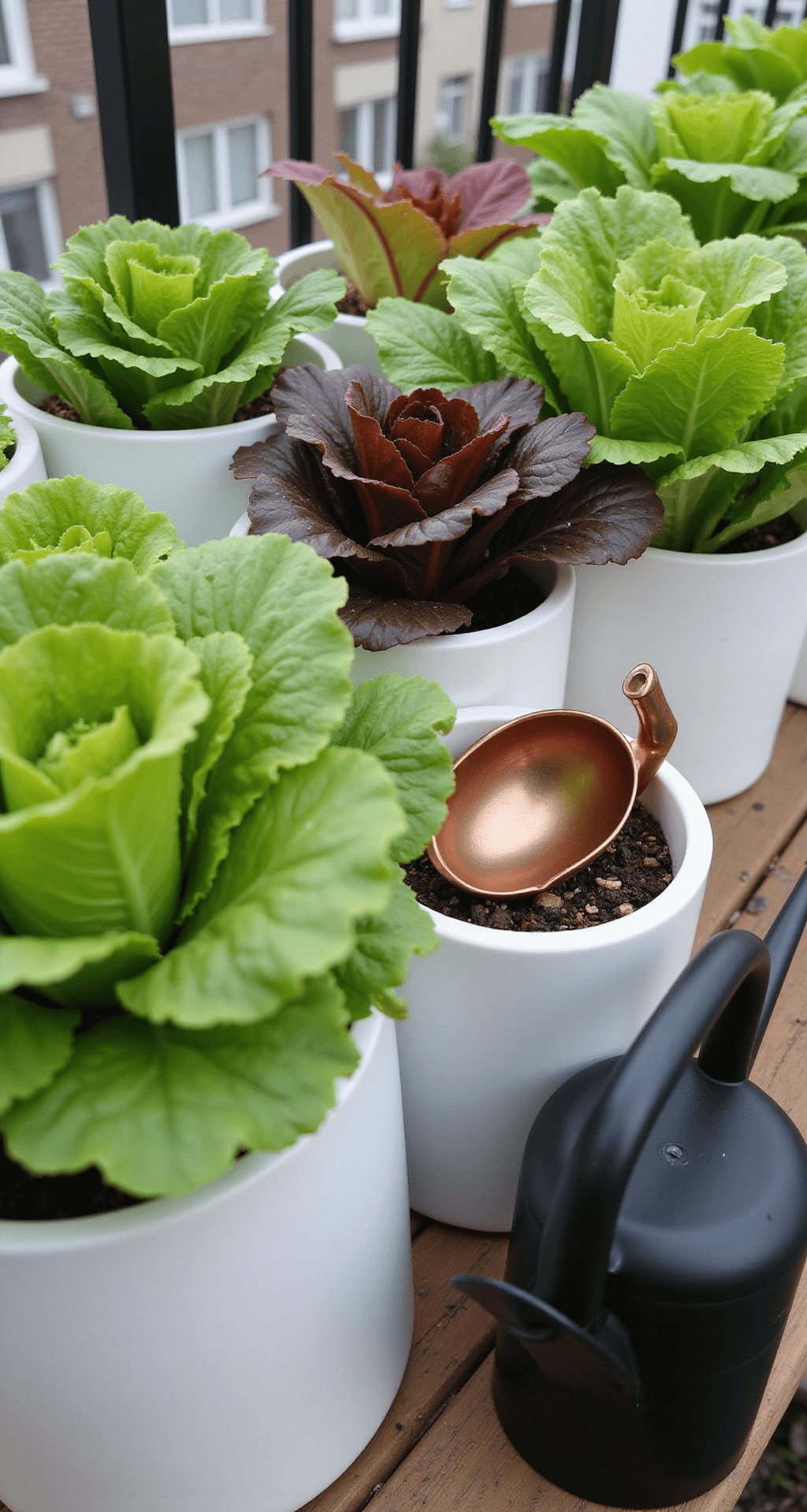 Intimate close-up of a modern urban balcony garden featuring white ceramic planters with diverse varieties of leaf lettuce in morning light, embellished with dew drops, complemented by a matte black watering can and copper garden tools, all in a clean minimalist style.