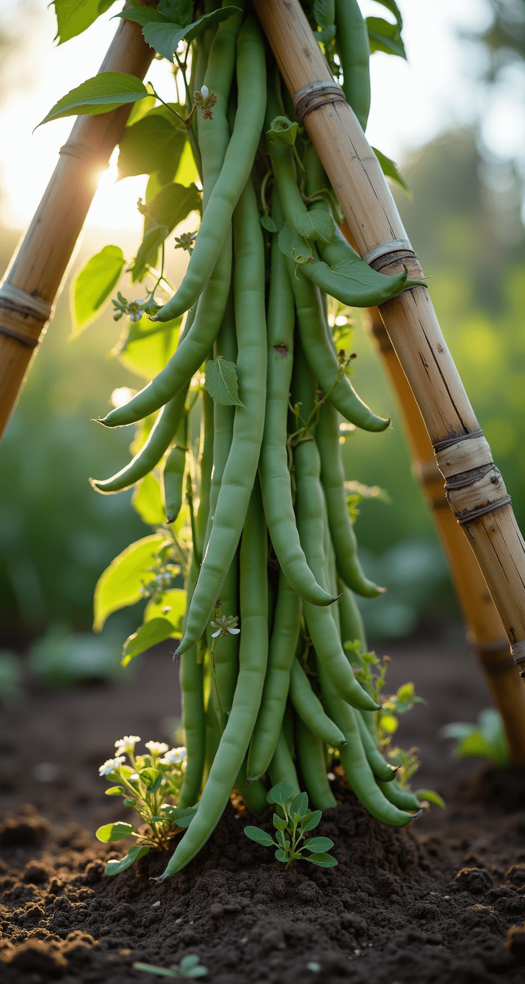 A ground-level view of a tall bamboo teepee trellis covered in climbing pole beans, with rich brown soil at the base and delicate white flowers and green pods visible. The soft afternoon light creates an organic pattern through the leaves, highlighting the vibrant greens against the bamboo and soil tones.