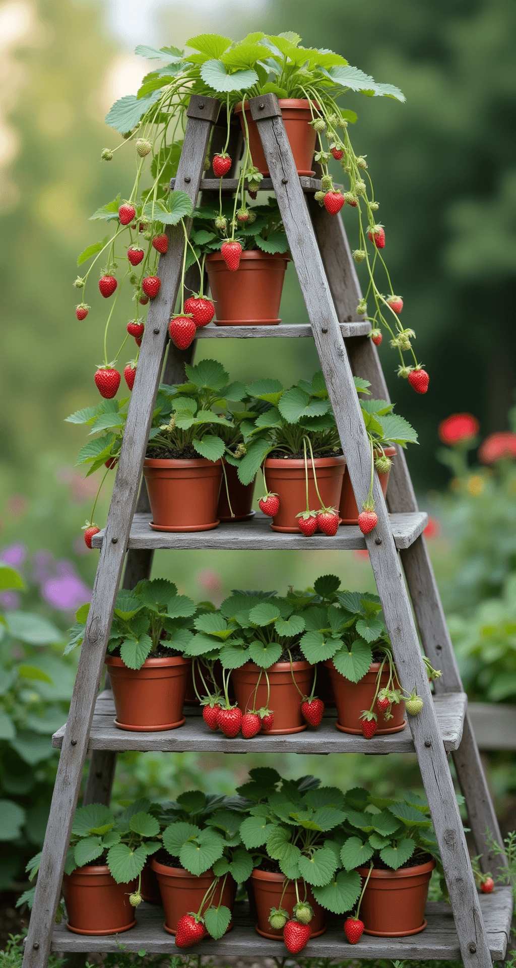 Elevated front view of a multi-tiered strawberry garden made from vintage wooden ladders, featuring ripe strawberries cascading down the levels, nestled terra cotta pots, and a soft bokeh background of a cottage garden in mid-morning light.