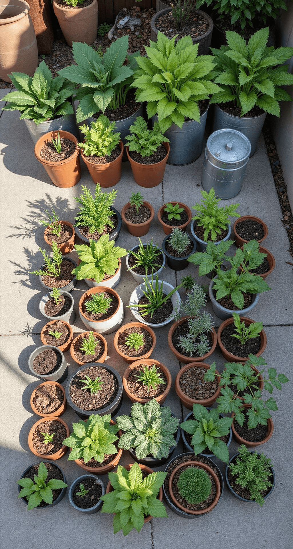 Aerial view of a neatly arranged container garden on a patio at dawn, showcasing terracotta, glazed ceramic, and galvanized metal pots filled with beginner-friendly crops. Garden tools and a watering station are strategically placed, with morning light creating elongated shadows over the varied greens and hardscape greys.