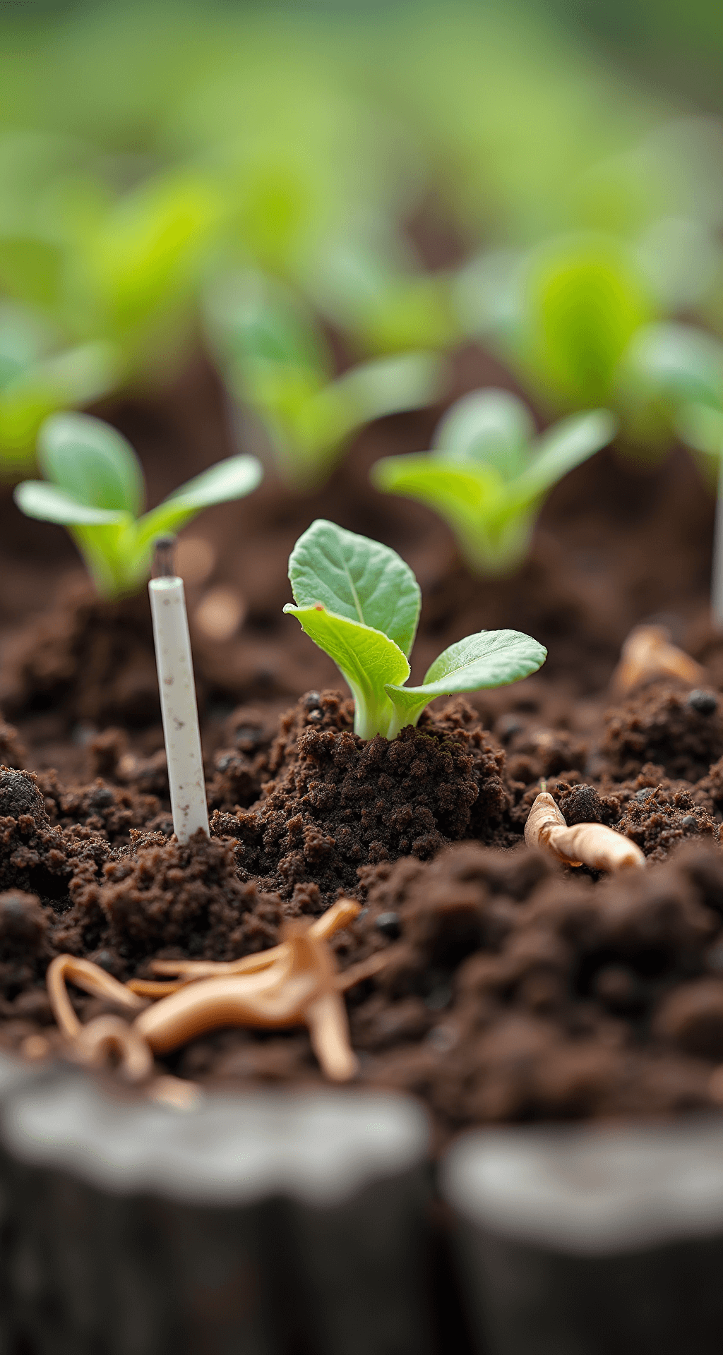 Close-up of fertile garden soil featuring delicate green seedlings, macro view highlighting soil texture and beneficial organisms, with garden markers, drip irrigation, and pine straw mulch visible in a palette of rich browns and tender greens.