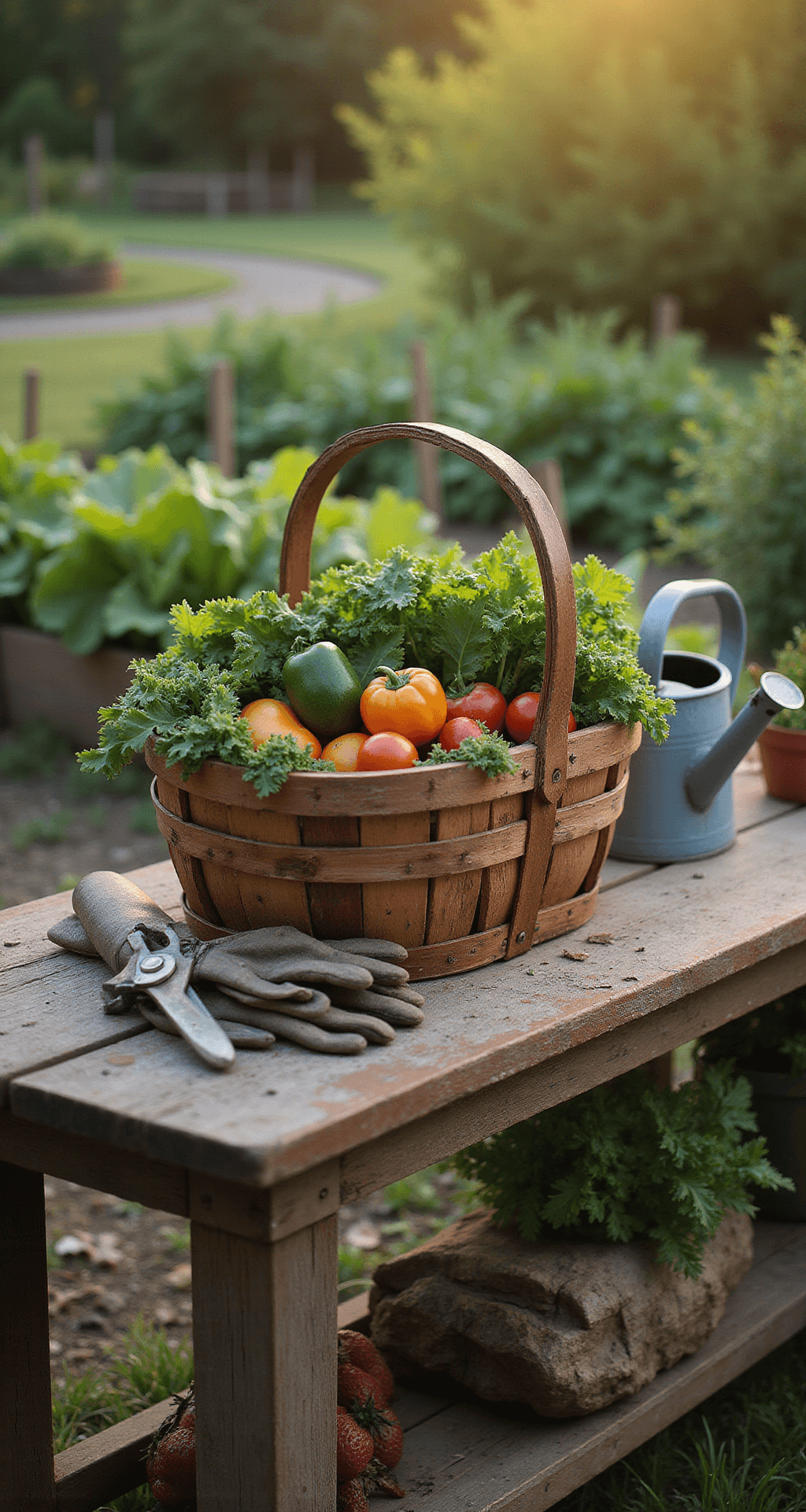 A weathered wooden harvest basket sits on a rustic potting bench, filled with freshly picked vegetables under warm evening light. Garden gloves, pruners, and a watering can are artfully arranged nearby, while productive garden beds softly fade into the background, showcasing a palette of harvest colors and garden greens.