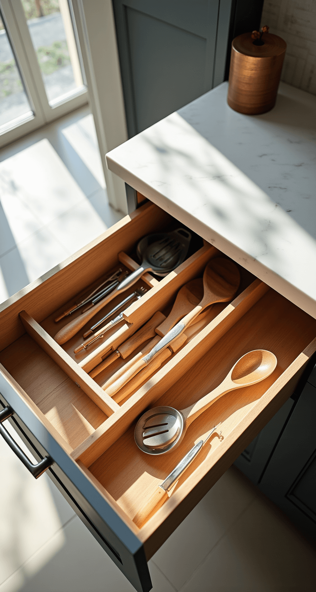 Aerial view of a modern kitchen drawer showcasing handcrafted wooden dividers in warm oak, organized with utensils and cooking tools, illuminated by natural morning light, with soft shadows and a gray-white color scheme.