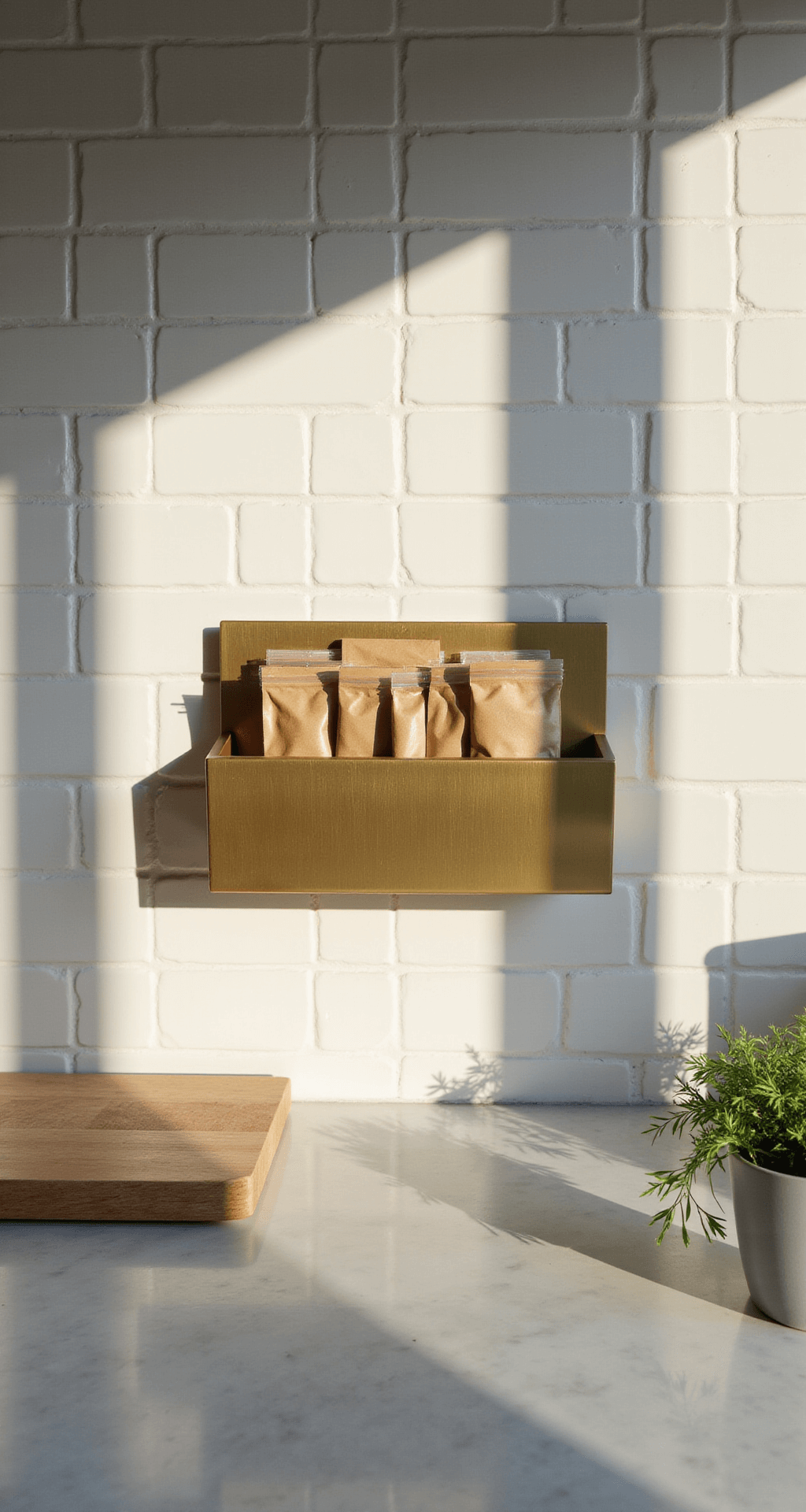 Minimal countertop vignette featuring a custom wooden bag organizer on a white subway backsplash, filled with neatly arranged ziplock bags, illuminated by late afternoon sunlight casting shadows on the brushed brass finish, with a small potted herb for an organic touch.