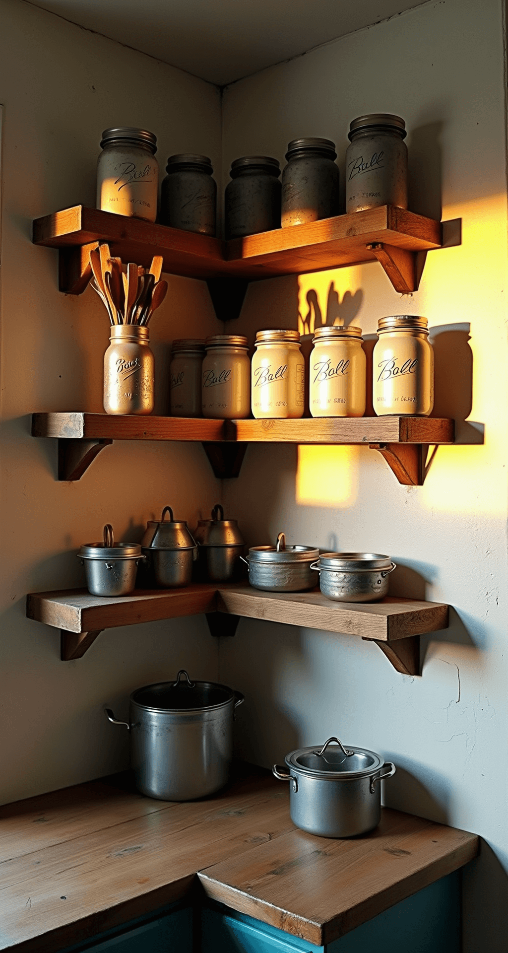 Rustic-industrial kitchen corner featuring transformed mason jars and painted tin cans on reclaimed wood shelves, illuminated by warm golden hour sunlight, showcasing copper accents and dramatic shadows on a textured wall.