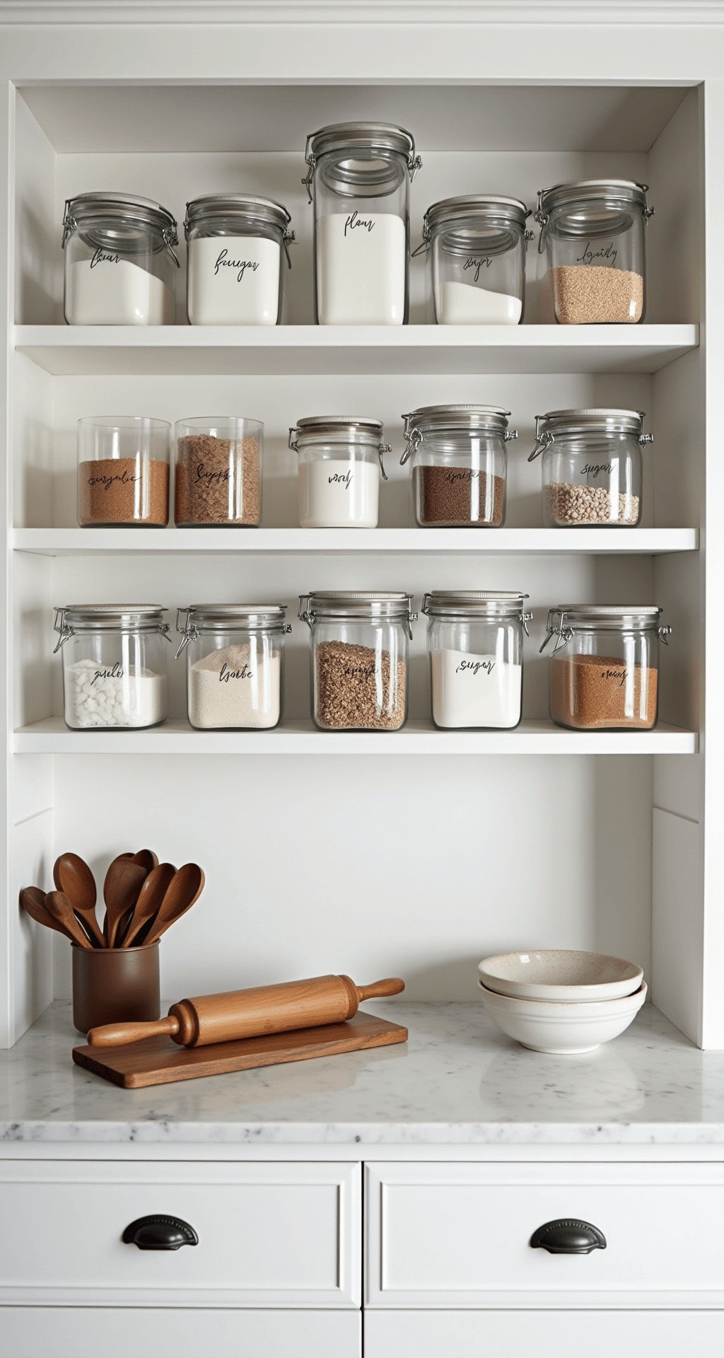 Bright white pantry with an organized baking station featuring clear glass containers for flour, sugar, and grains on a white marble countertop, adorned with custom labels in modern calligraphy, vintage measuring cups, and a marble rolling pin, illuminated by soft diffused daylight.