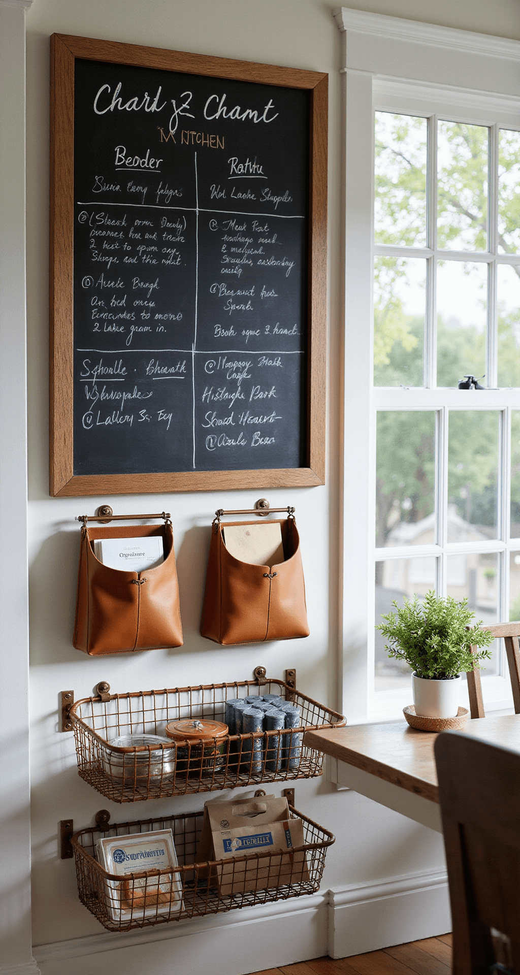 Modern farmhouse kitchen command center with a large magnetic chalkboard, adorned with white chalk writings, illuminated by late morning light. Features include leather pouches for mail, copper wire baskets for supplies, and a built-in calendar grid, captured at a slight angle with a 24mm wide-angle lens, showcasing a blend of mixed metals and warm woods.